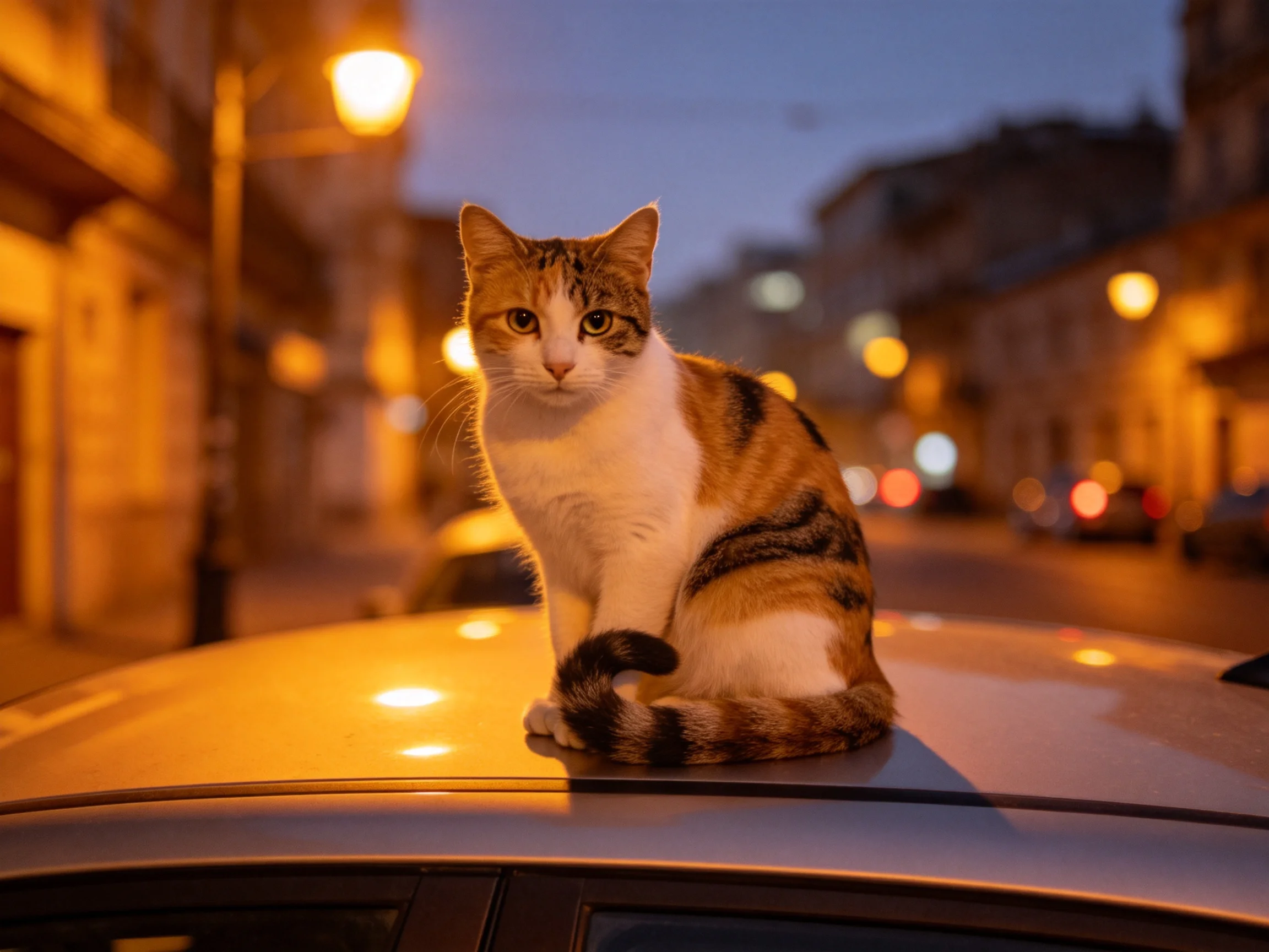 A calico cat sits on a car roof in a lit evening street.