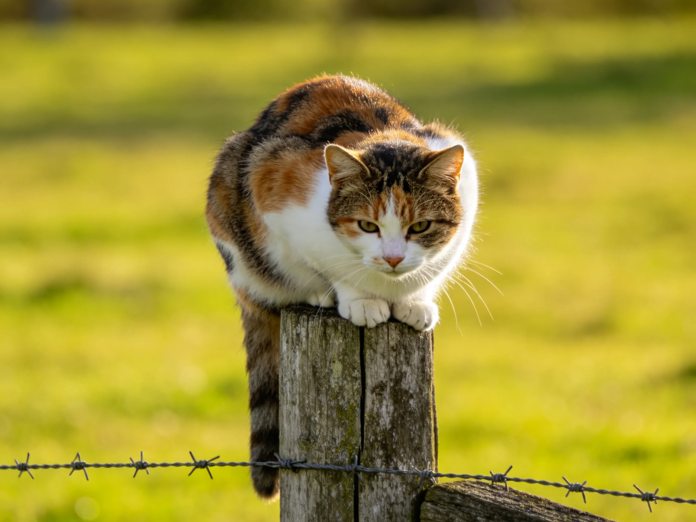 A calico cat rests on a wooden fence post next to a barbed wire fence in a sunlit field.