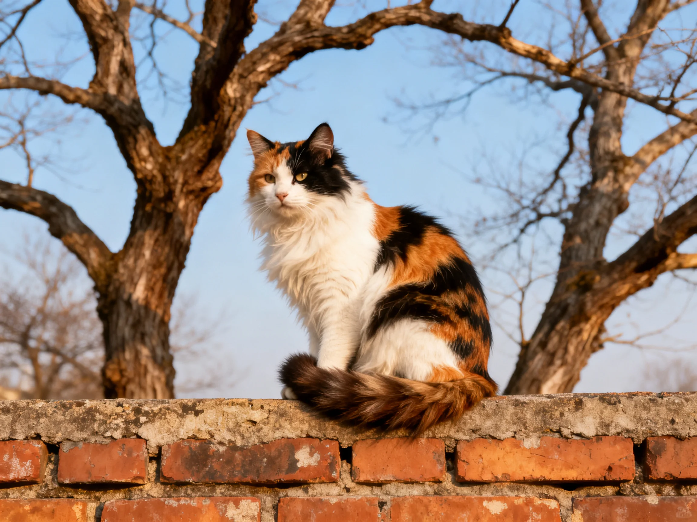 A calico cat sits atop an aged brick wall near bare trees
