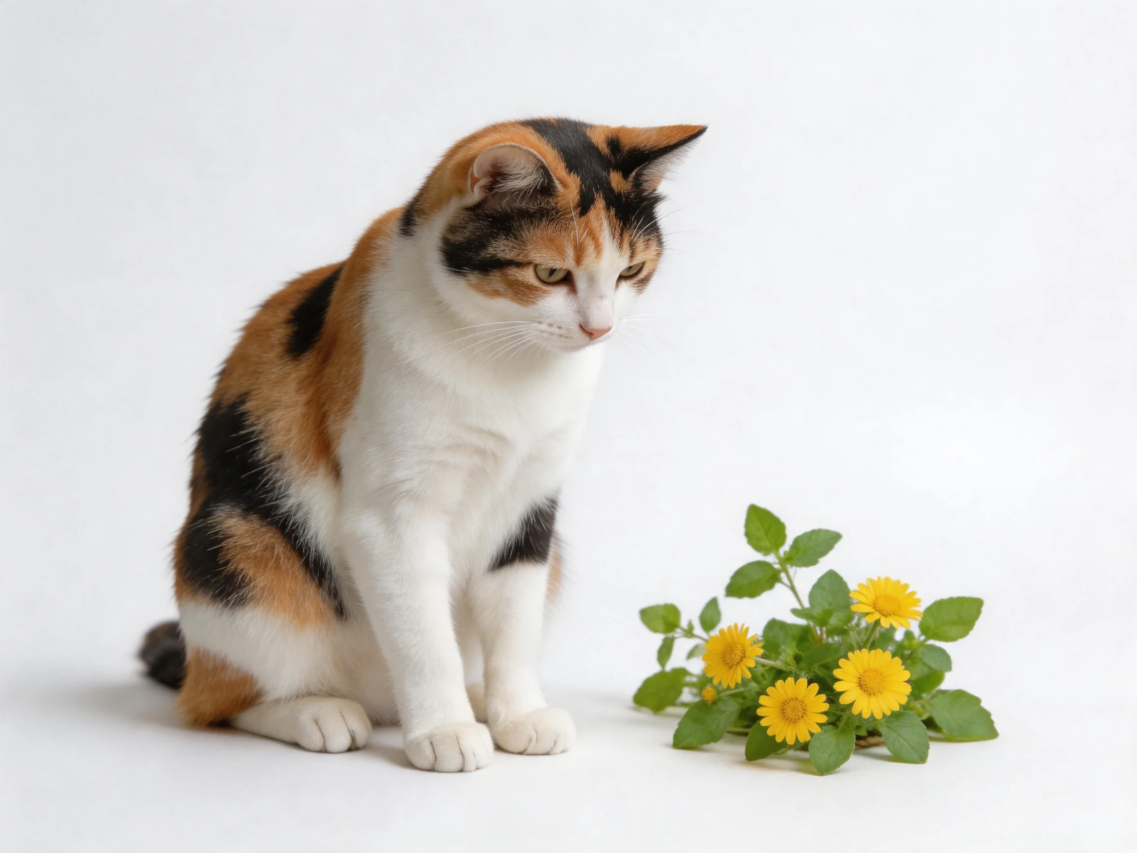 A calico cat sits beside a cluster of yellow flowers on a white background.