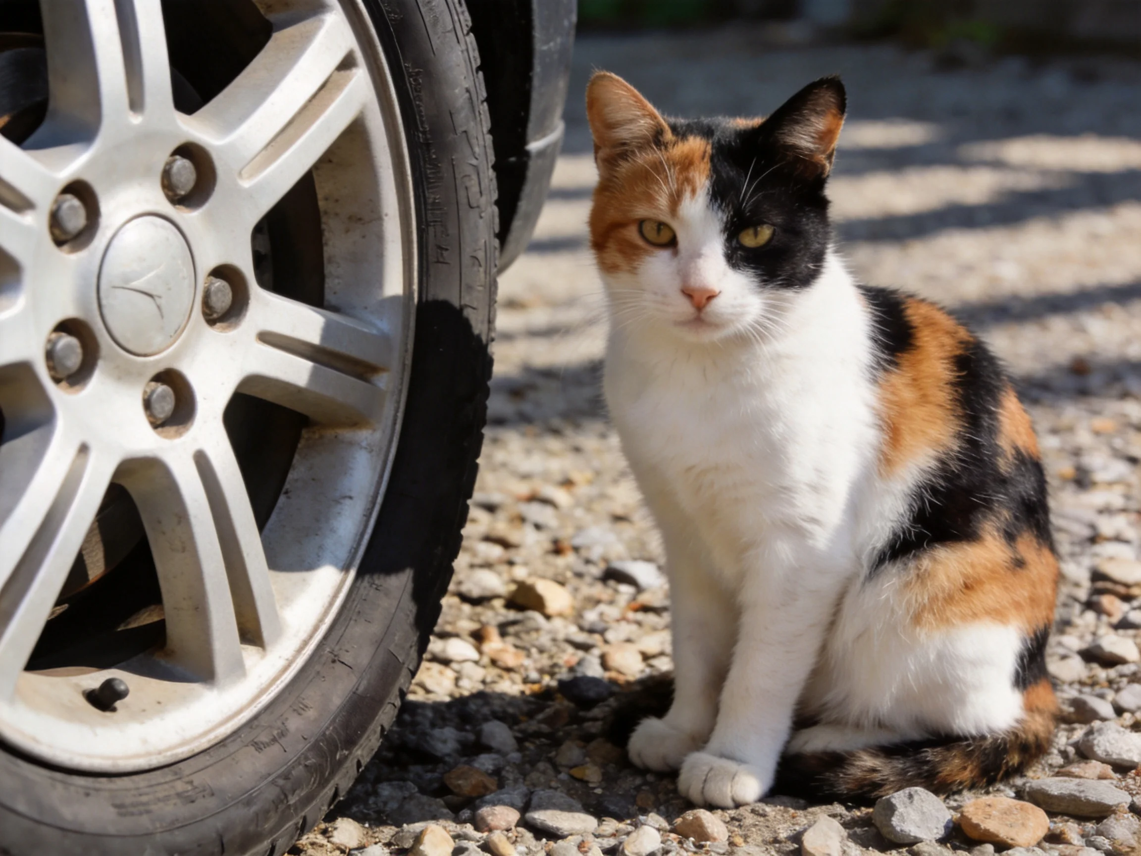 A calico cat sits near a car wheel on a gravelly surface.