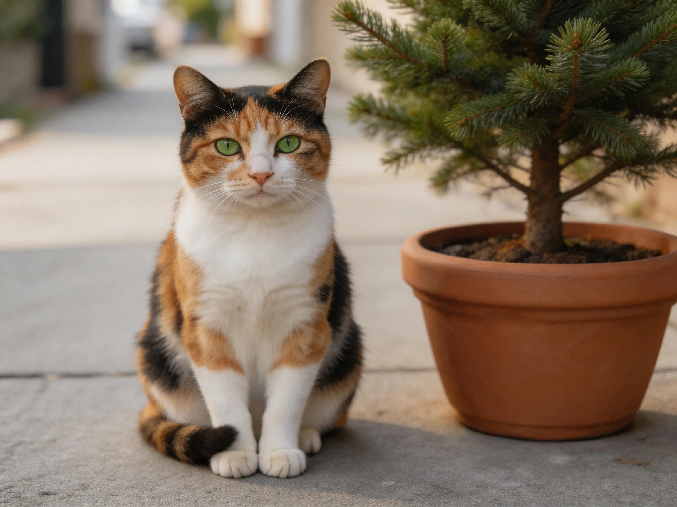 A calico cat sits next to a potted evergreen tree on a concrete walkway.