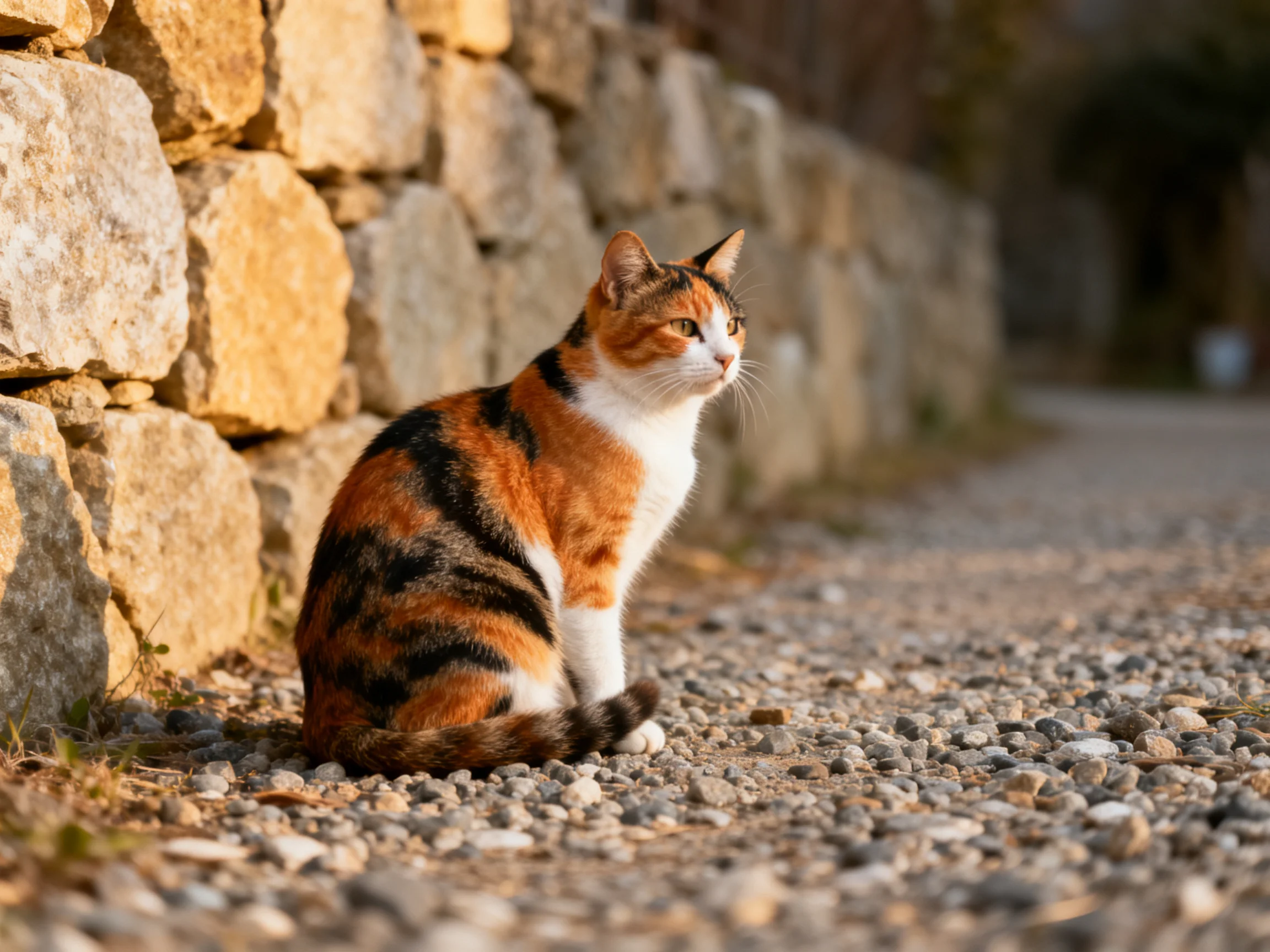 A calico cat rests near an old stone wall on a pebbly pathway.