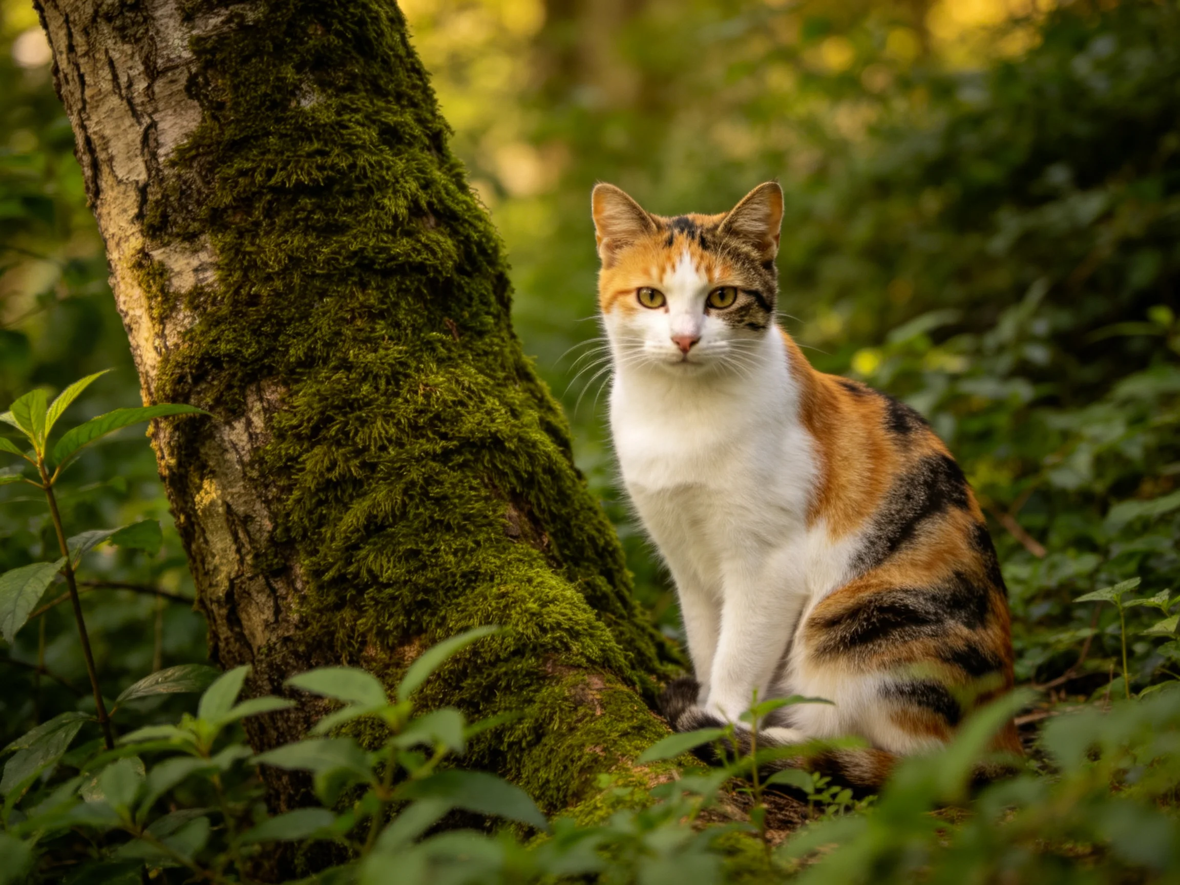 A calico cat rests near a moss - covered tree trunk in a lush forest
