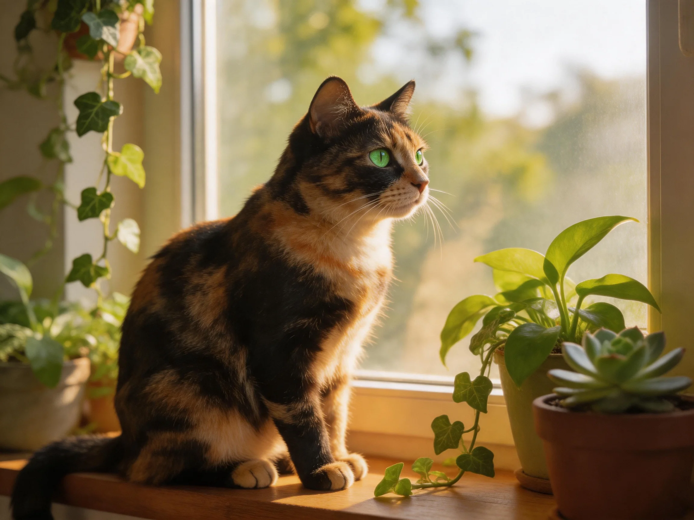 A calico cat sits by a sunlit windowsill with potted greenery