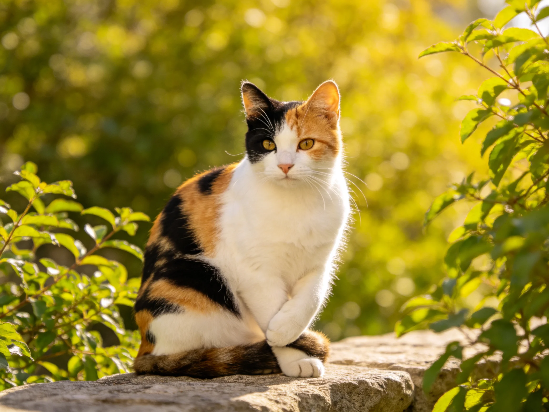 A calico cat sits gracefully on a stone ledge amid lush greenery