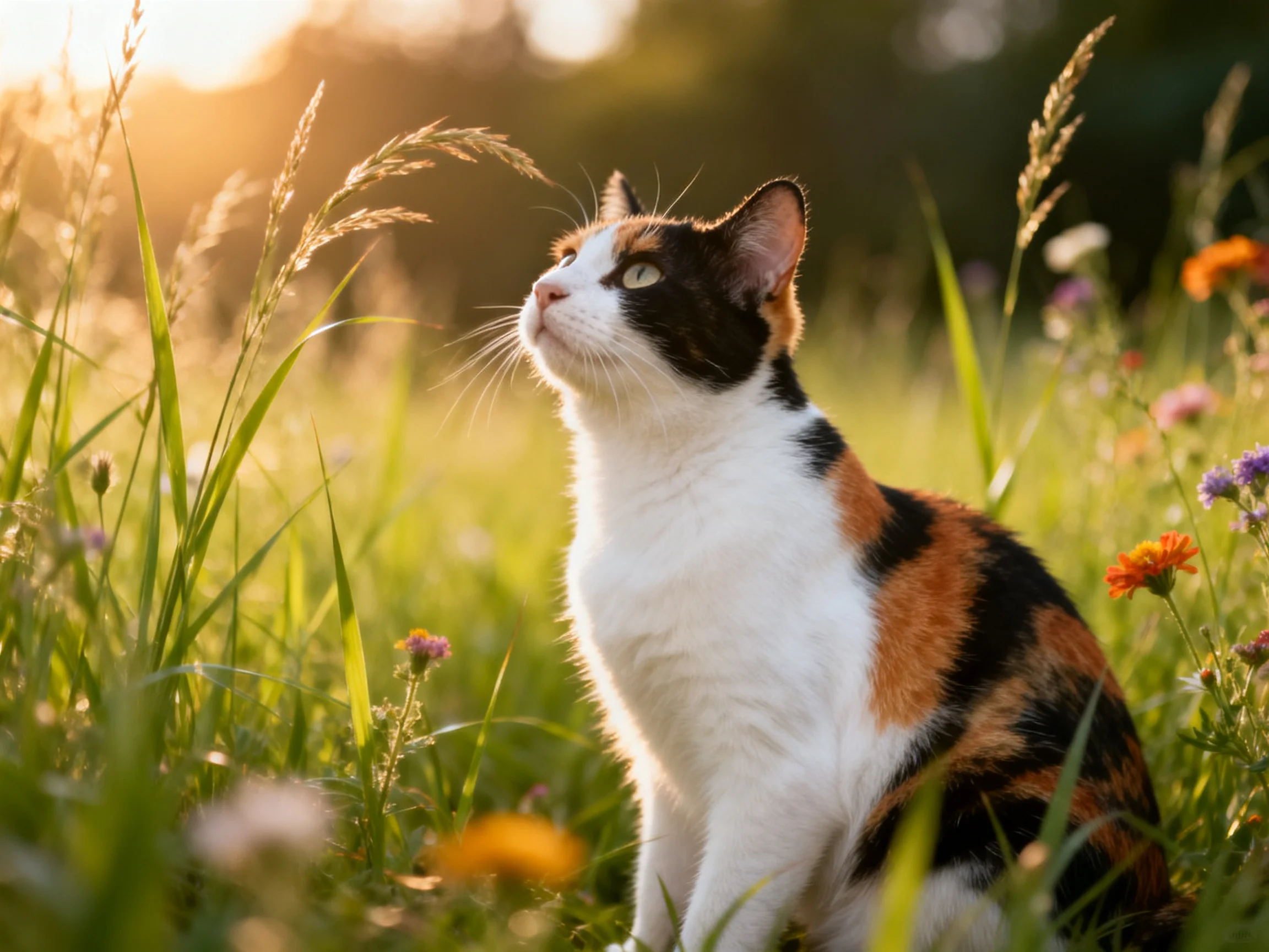 A calico cat sits in a sunlit wildflower meadow