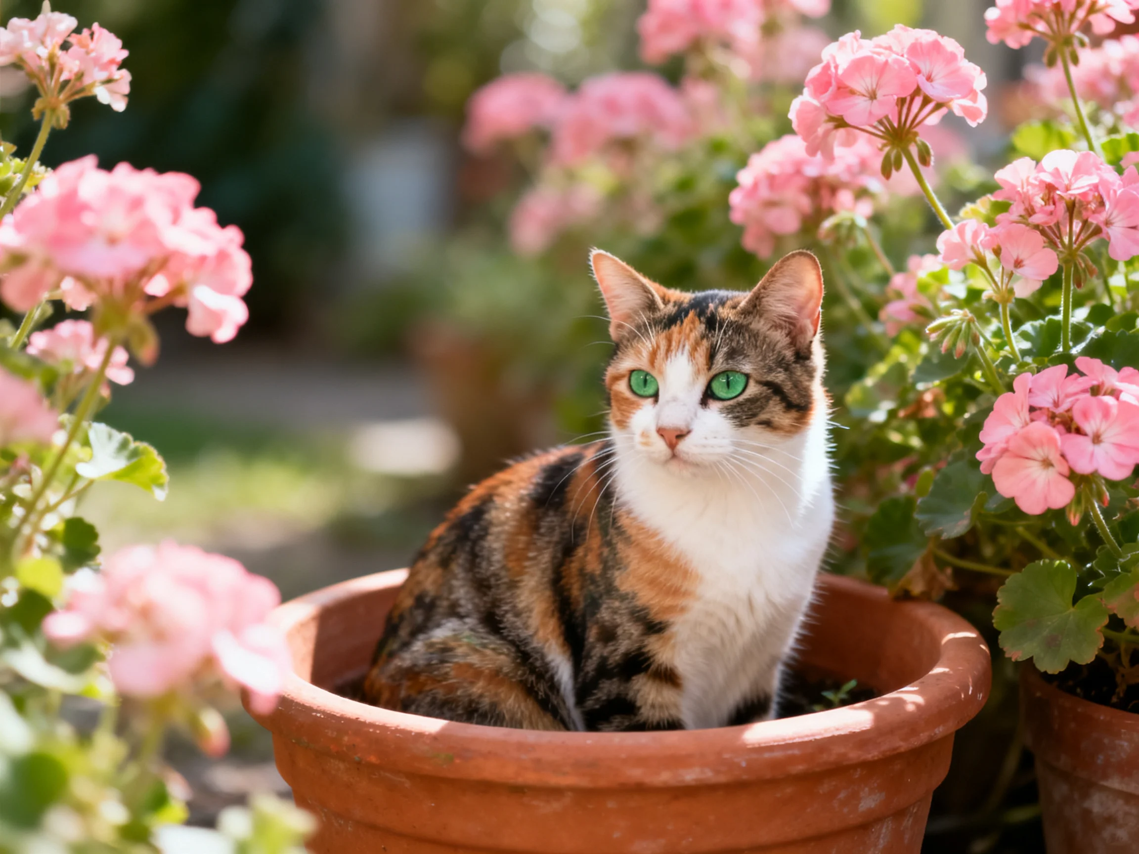 A calico cat sits in a terracotta pot amid vibrant pink flowers
