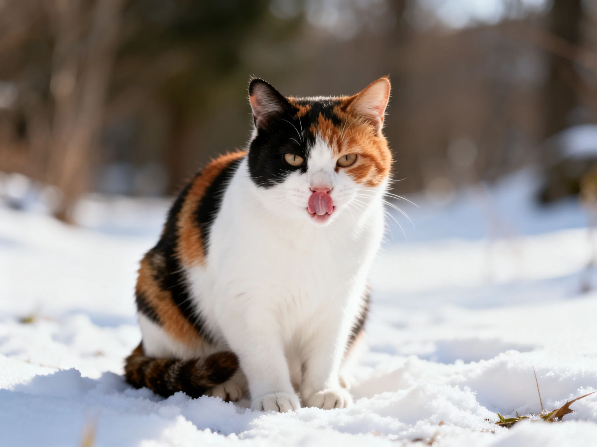 A calico cat sits calmly in a snowy outdoor setting.