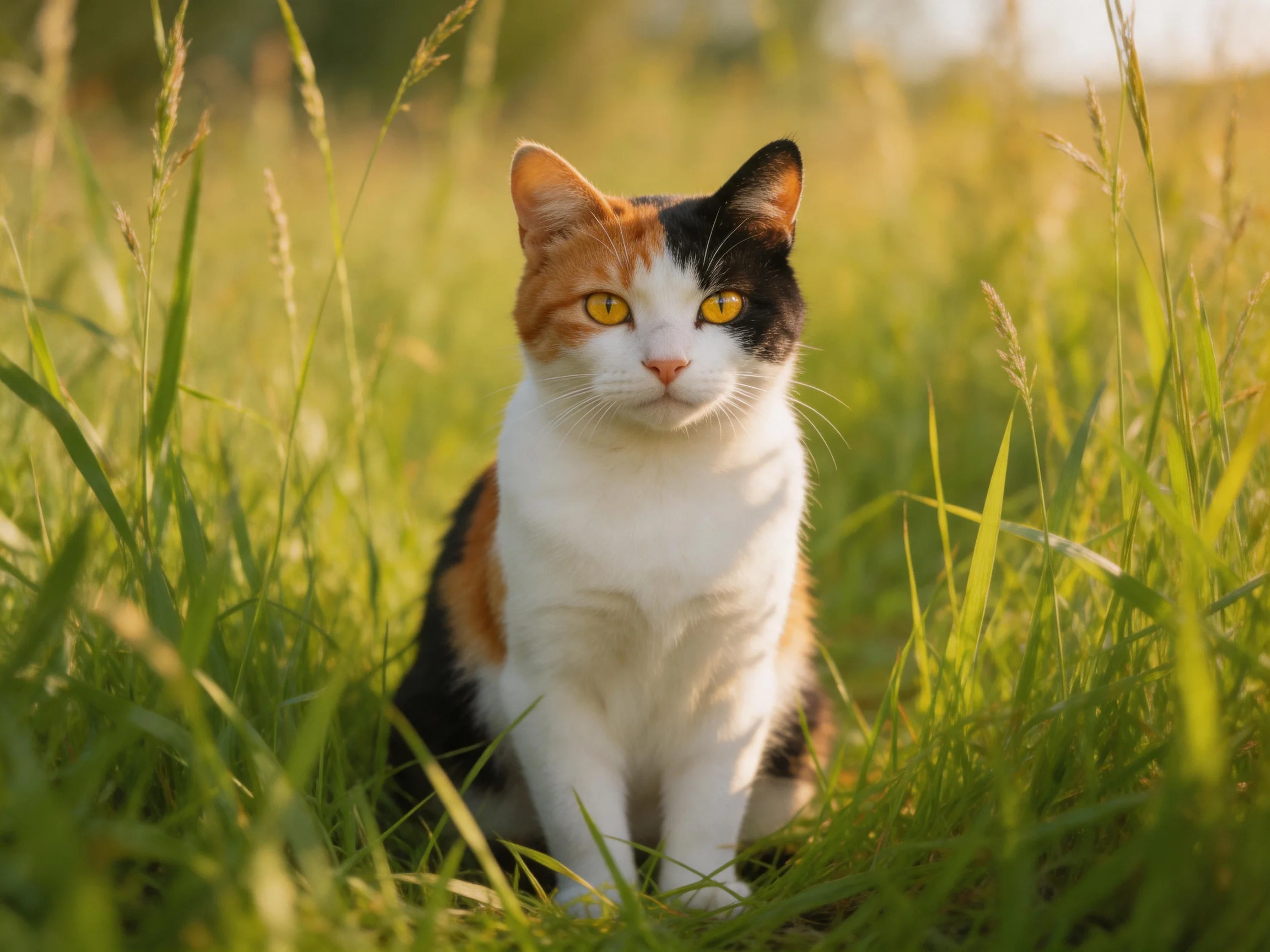 A calico cat sits peacefully among tall green grass.