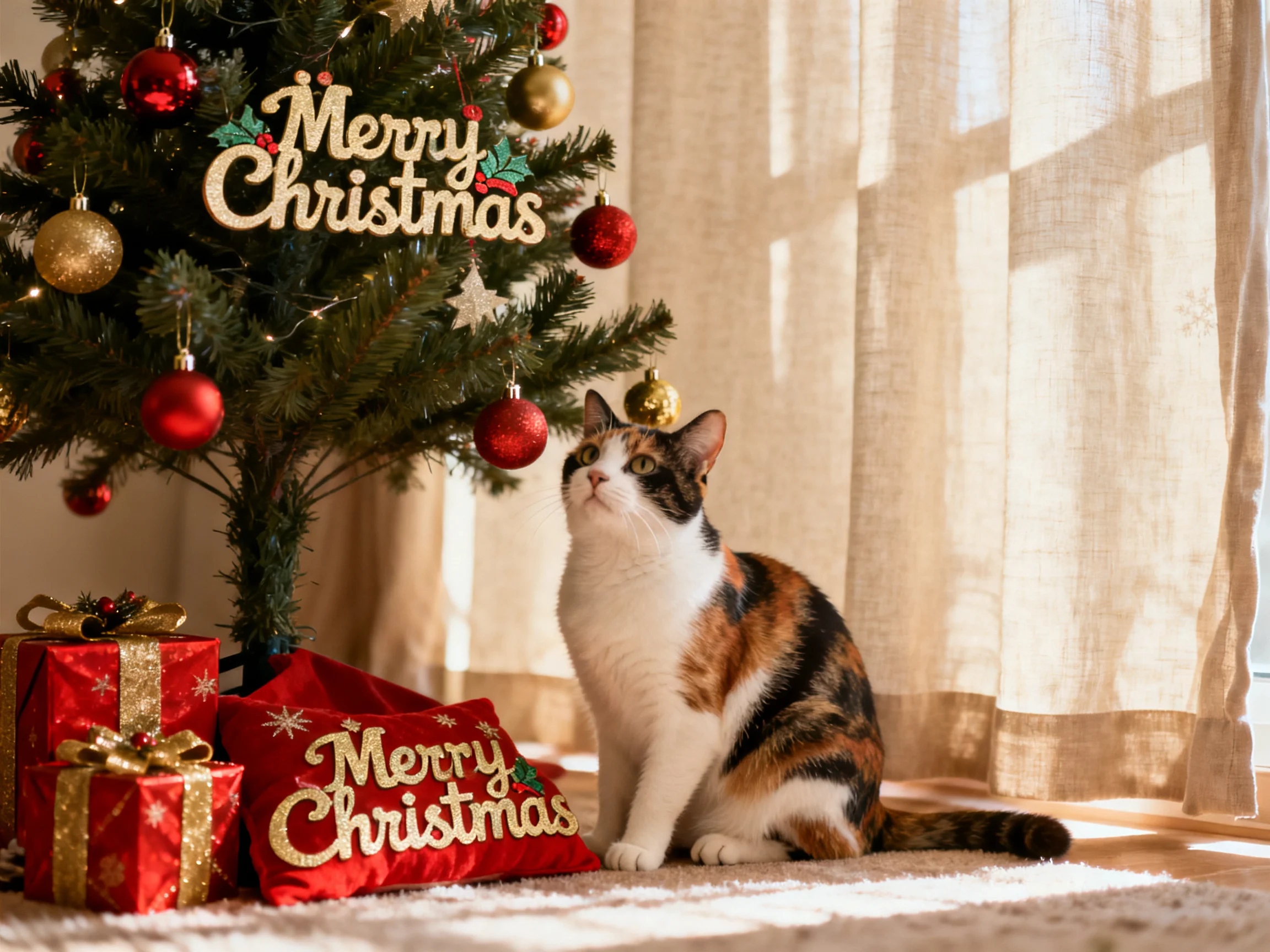A calico cat sits near a decorated Christmas tree with red holiday items