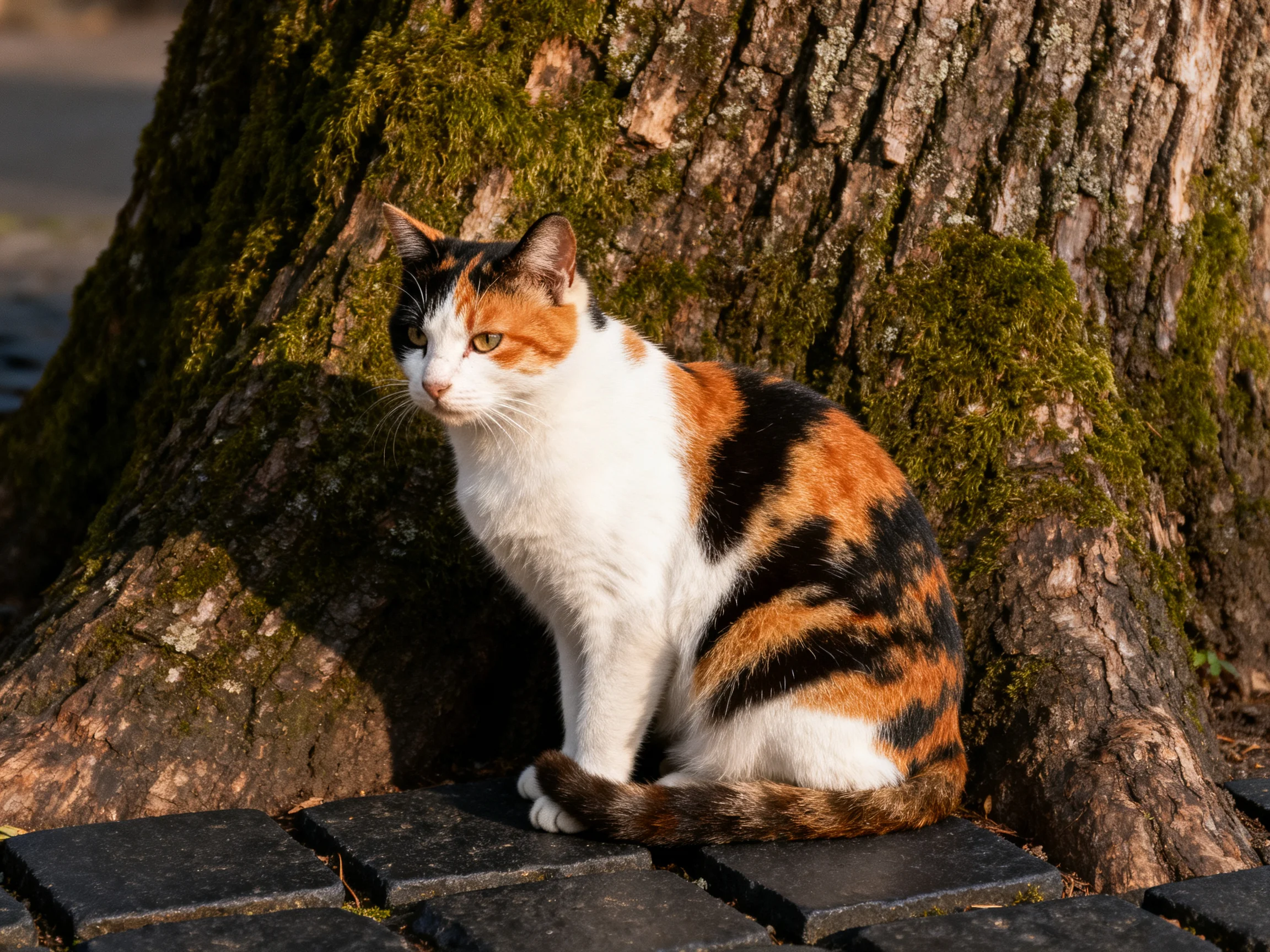 A calico cat sits near a moss-covered tree trunk on dark cobblestones