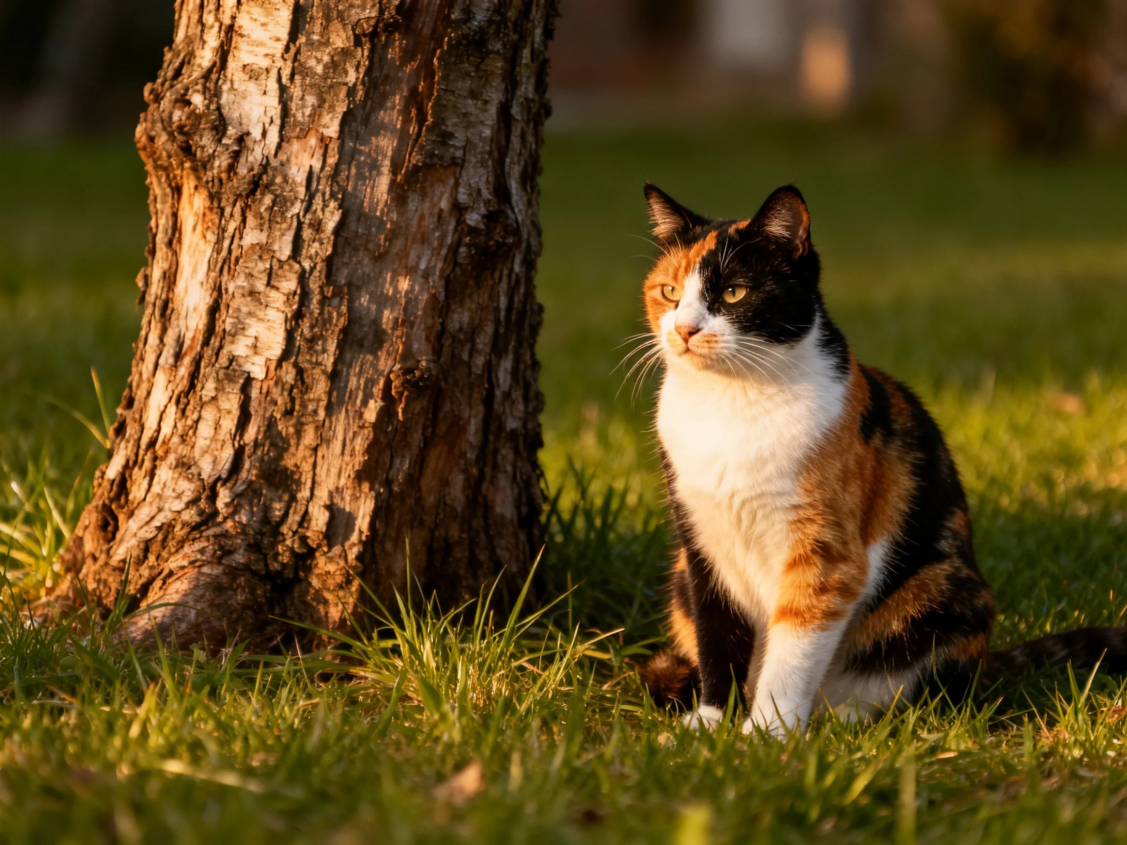 A calico cat sits near a textured tree trunk in a grassy area
