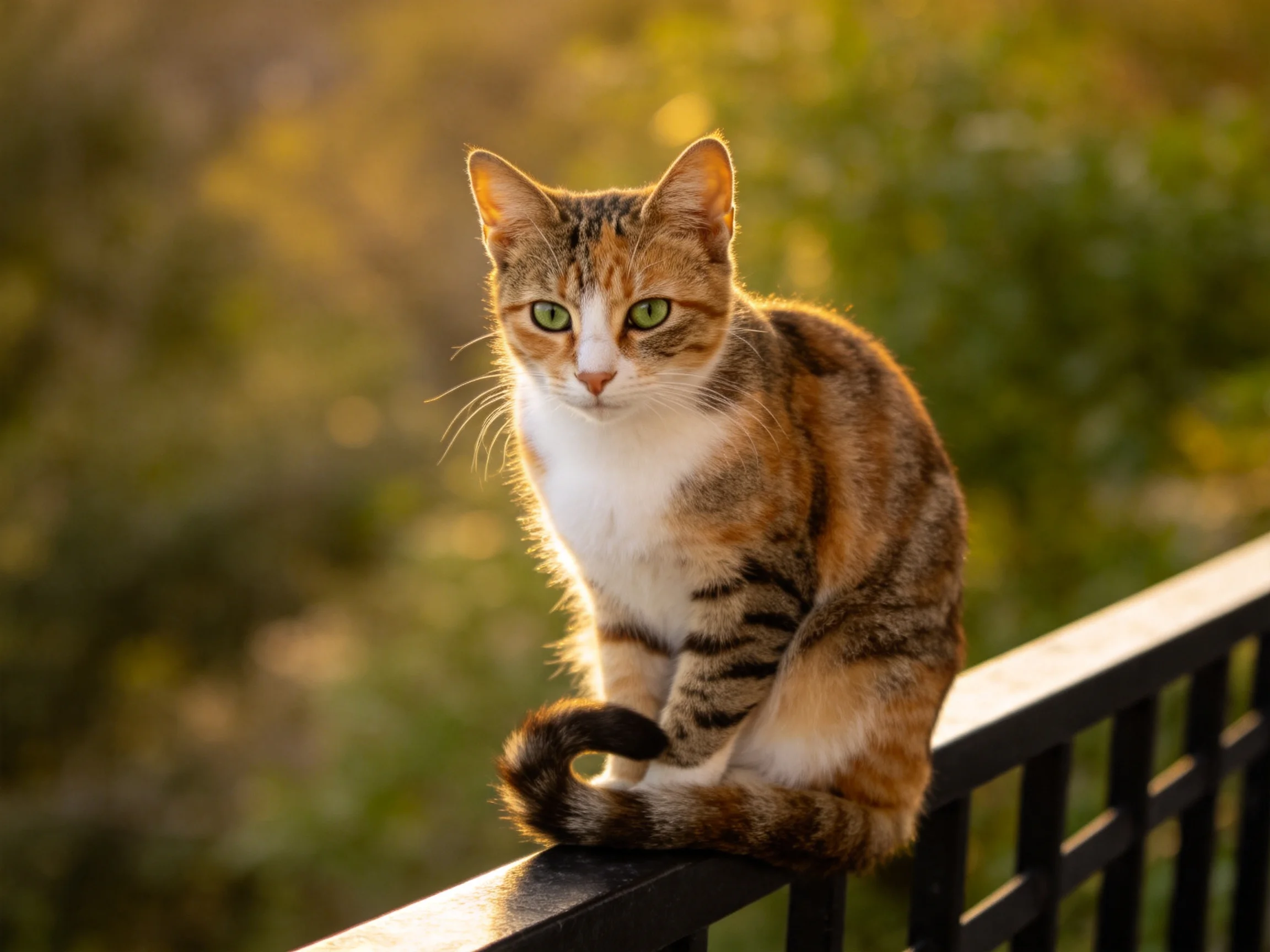 A calico cat rests on a dark railing amid sunlit greenery.