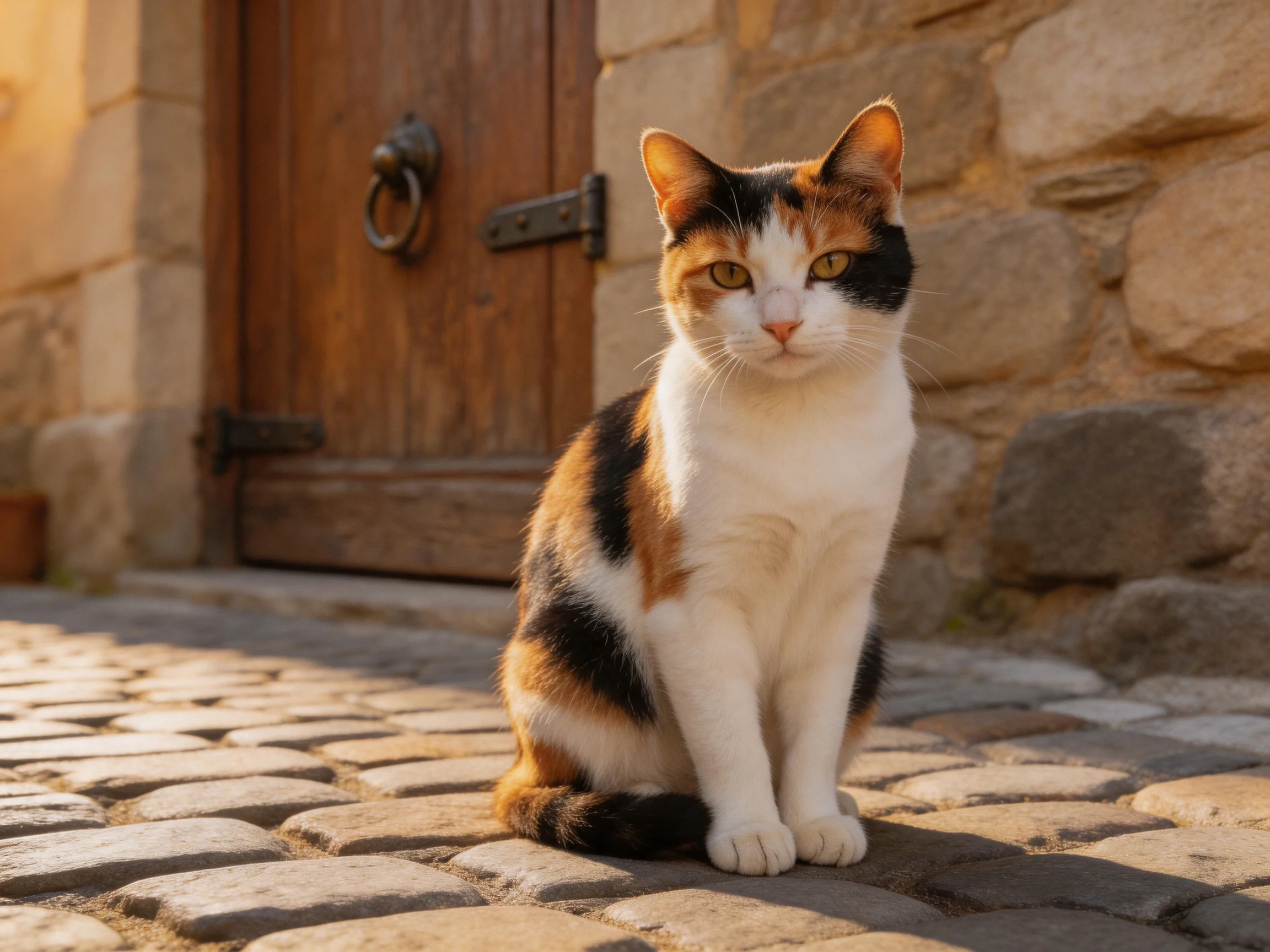 A calico cat sits on a cobblestone path near an old wooden door