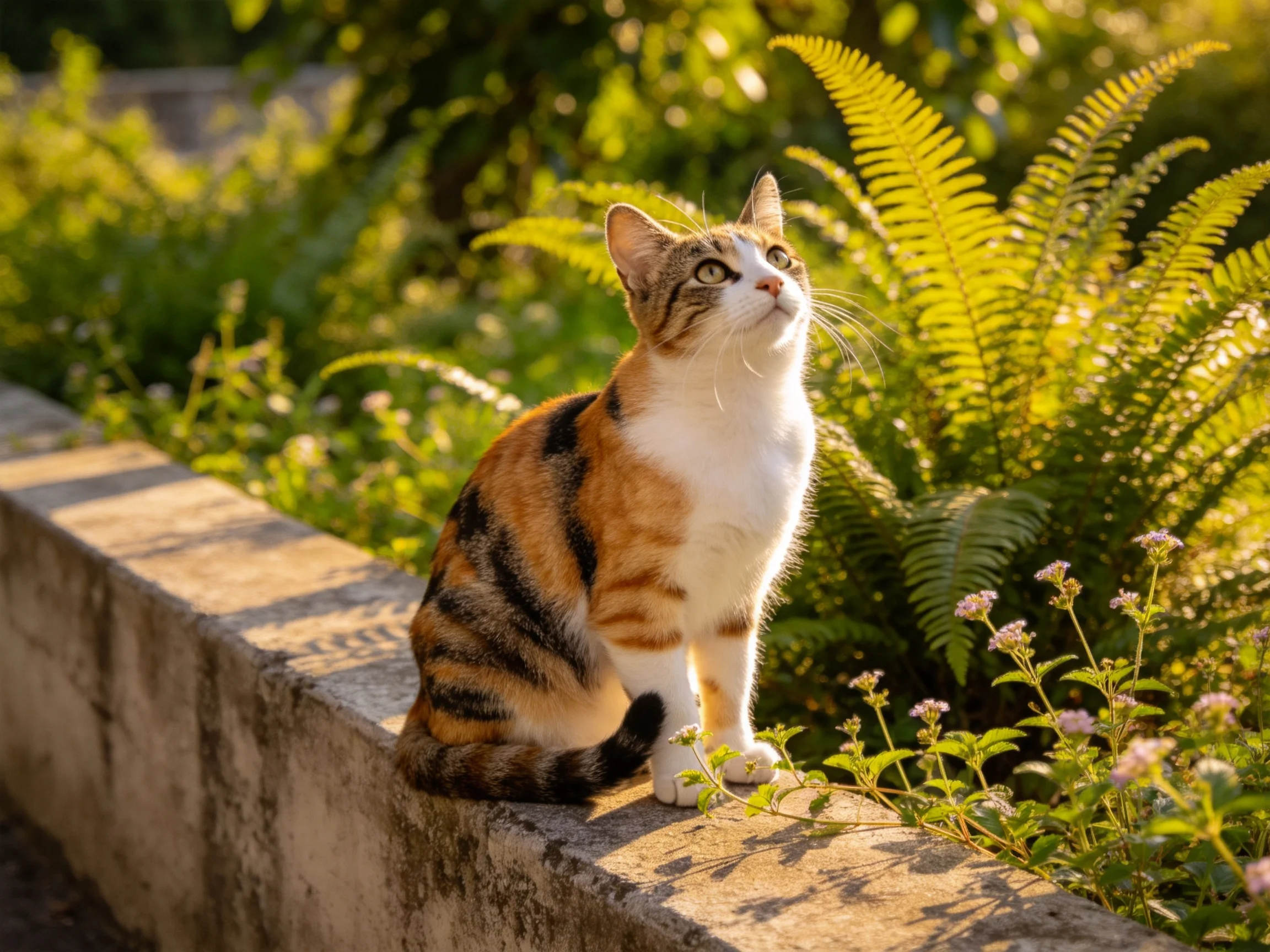 A calico cat sits on a concrete ledge amid lush green ferns and flowers
