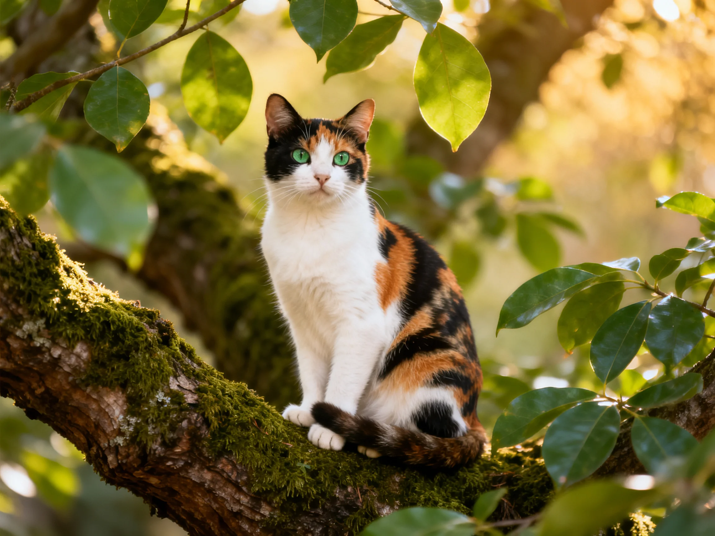 A calico cat sits calmly on a mossy tree branch surrounded by green leaves