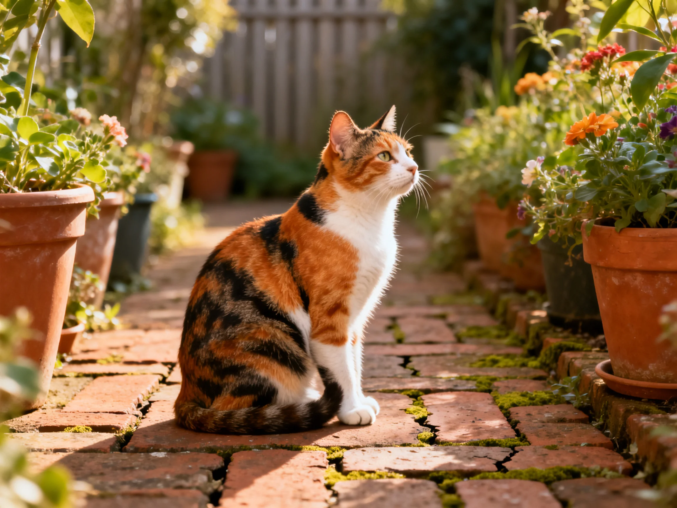 A calico cat sits on a mossy brick path amid colorful potted flowers