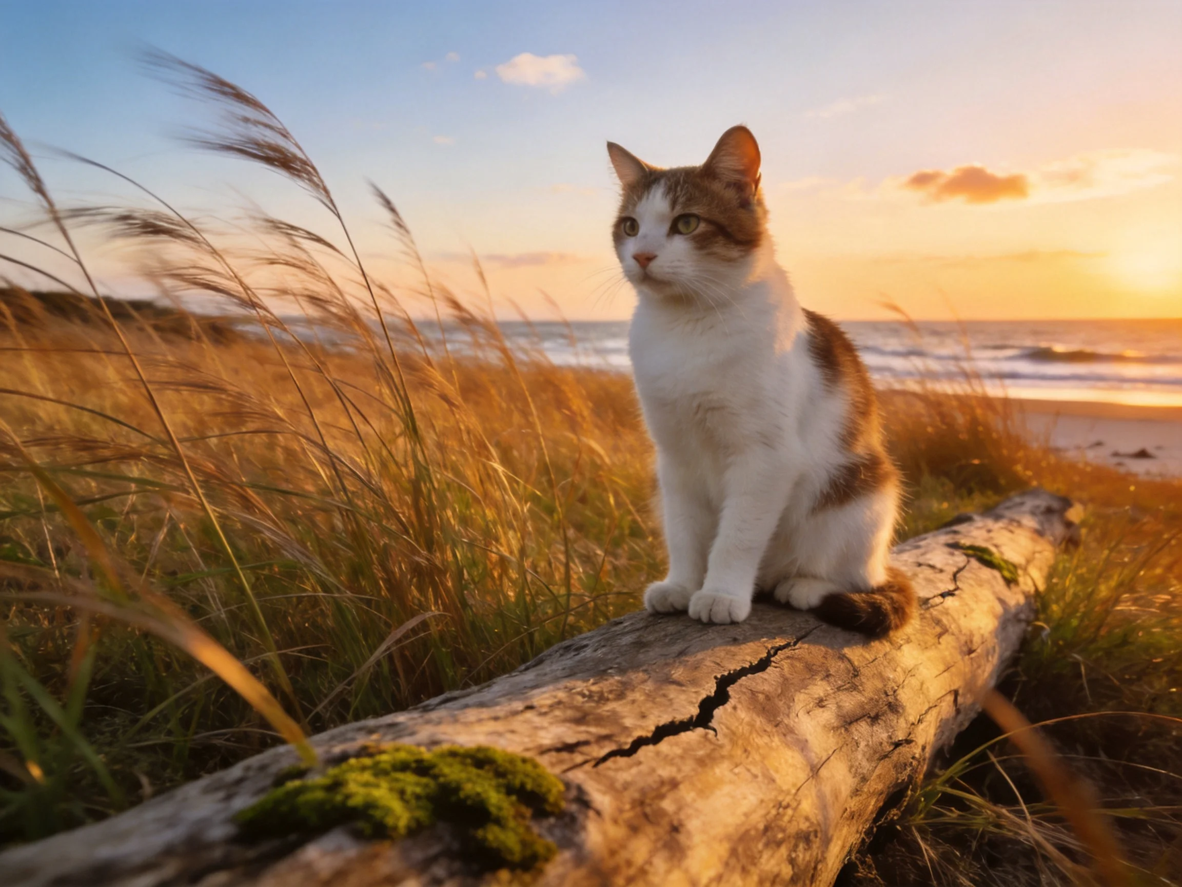 A calico cat sits on a driftwood log near a sandy beach as the sun sets.