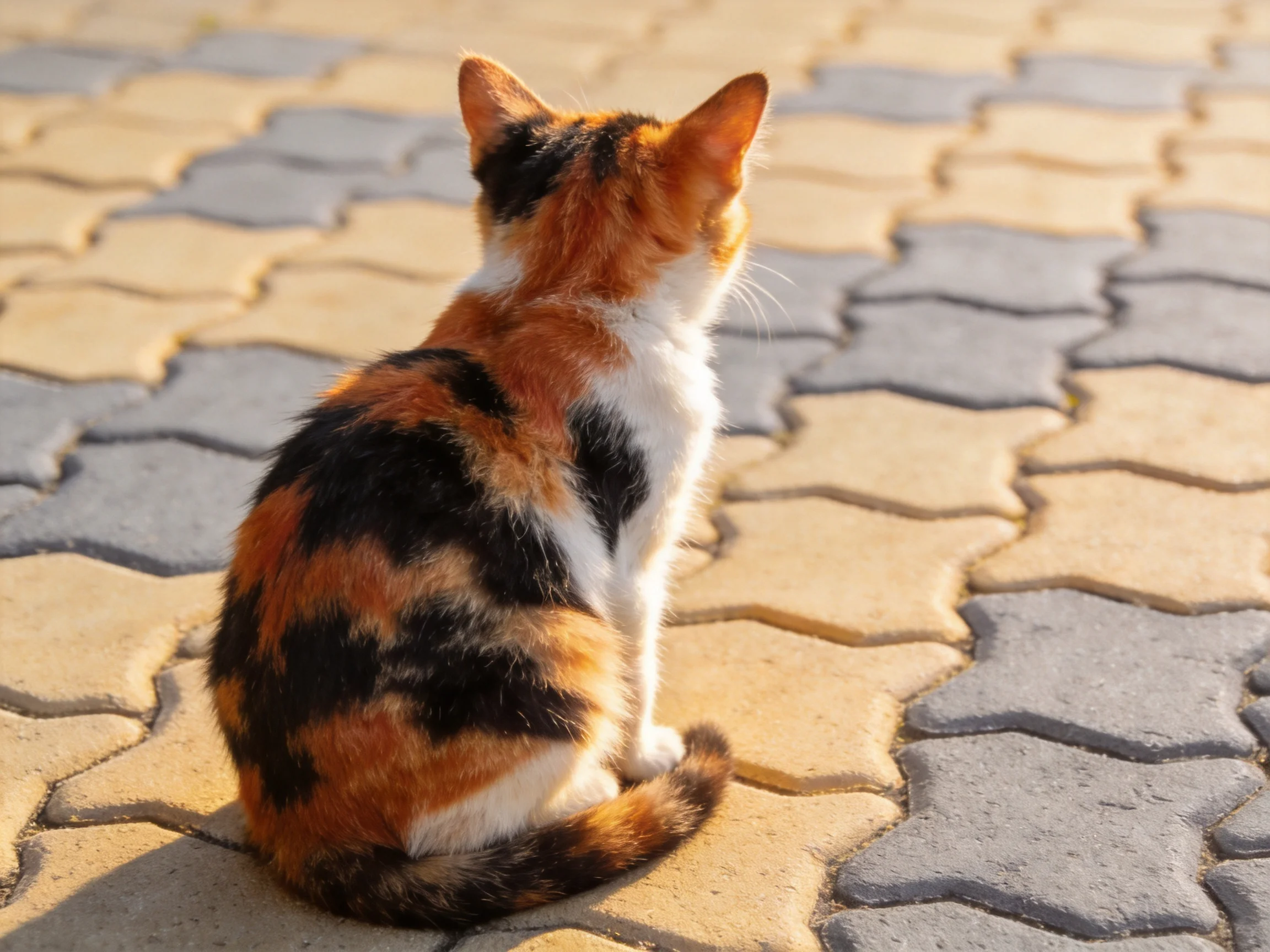 A calico cat sits on a patterned brick path under bright sunlight.