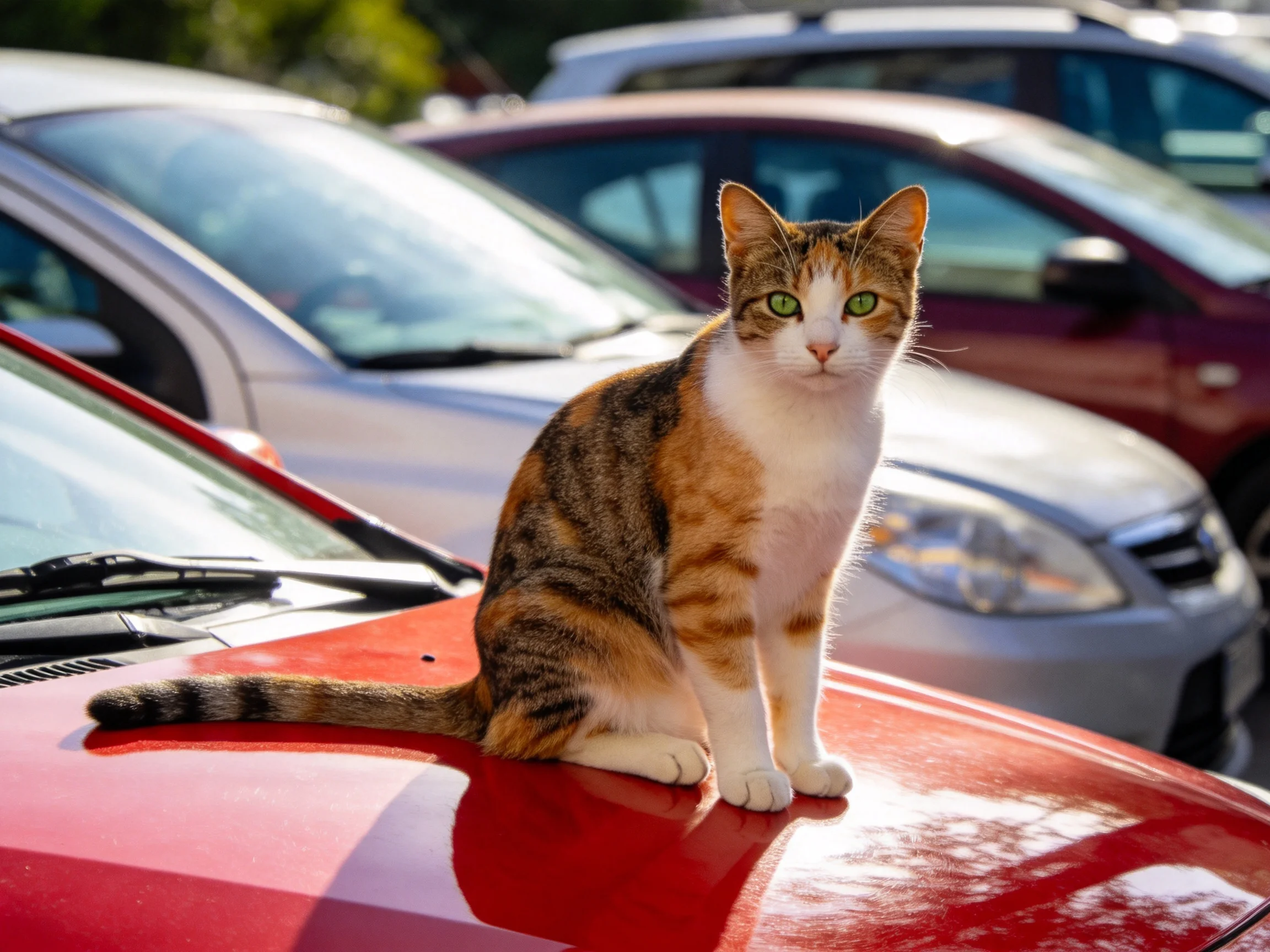 A calico cat sits on a red car amid several parked vehicles