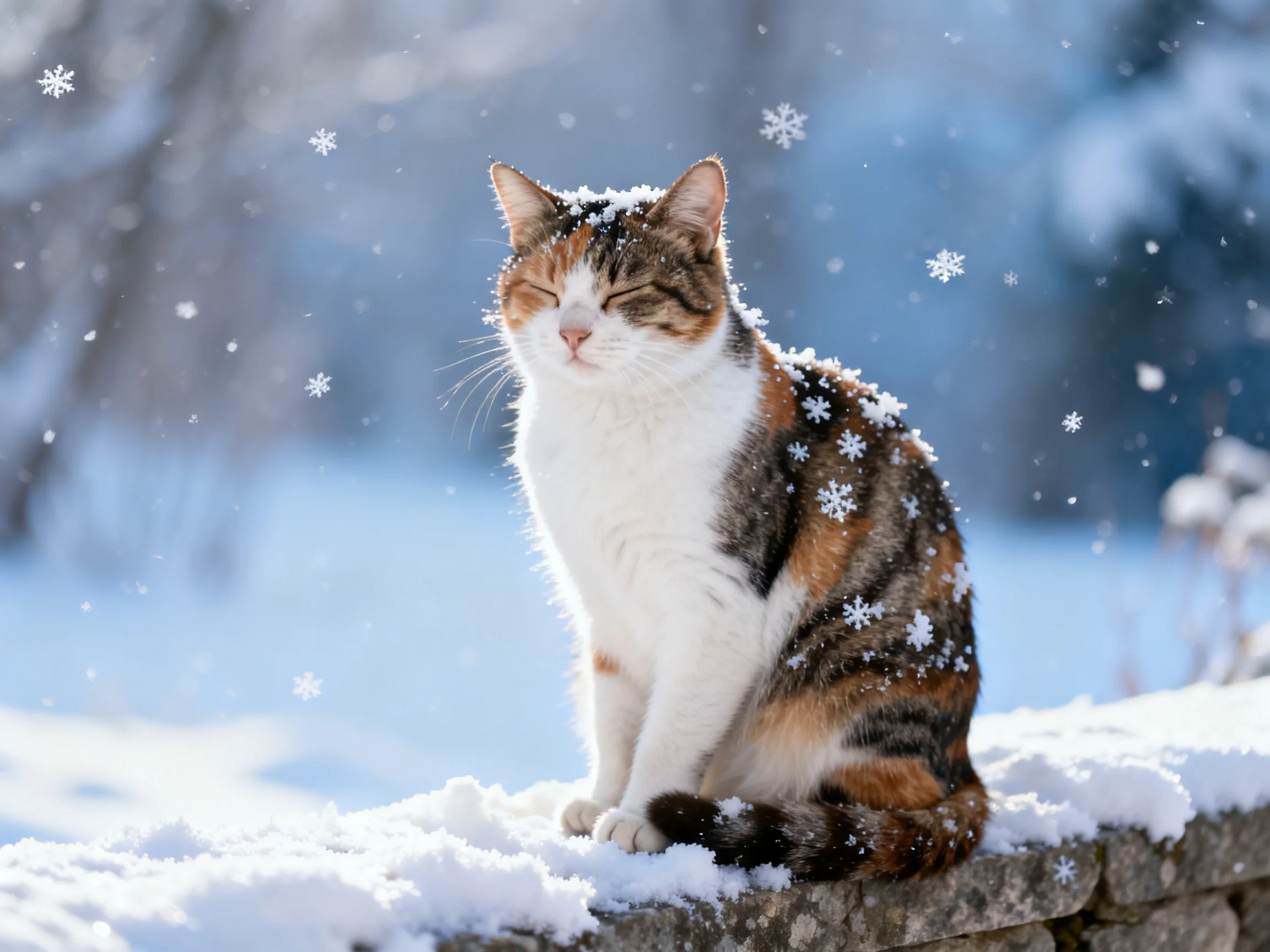 A calico cat rests on a snow - covered stone wall during a snowfall.