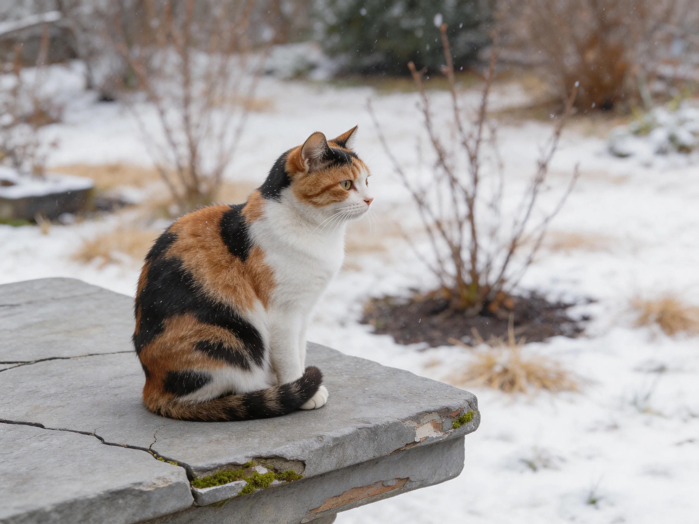 A calico cat sits on a stone ledge amid a snow-dusted winter garden