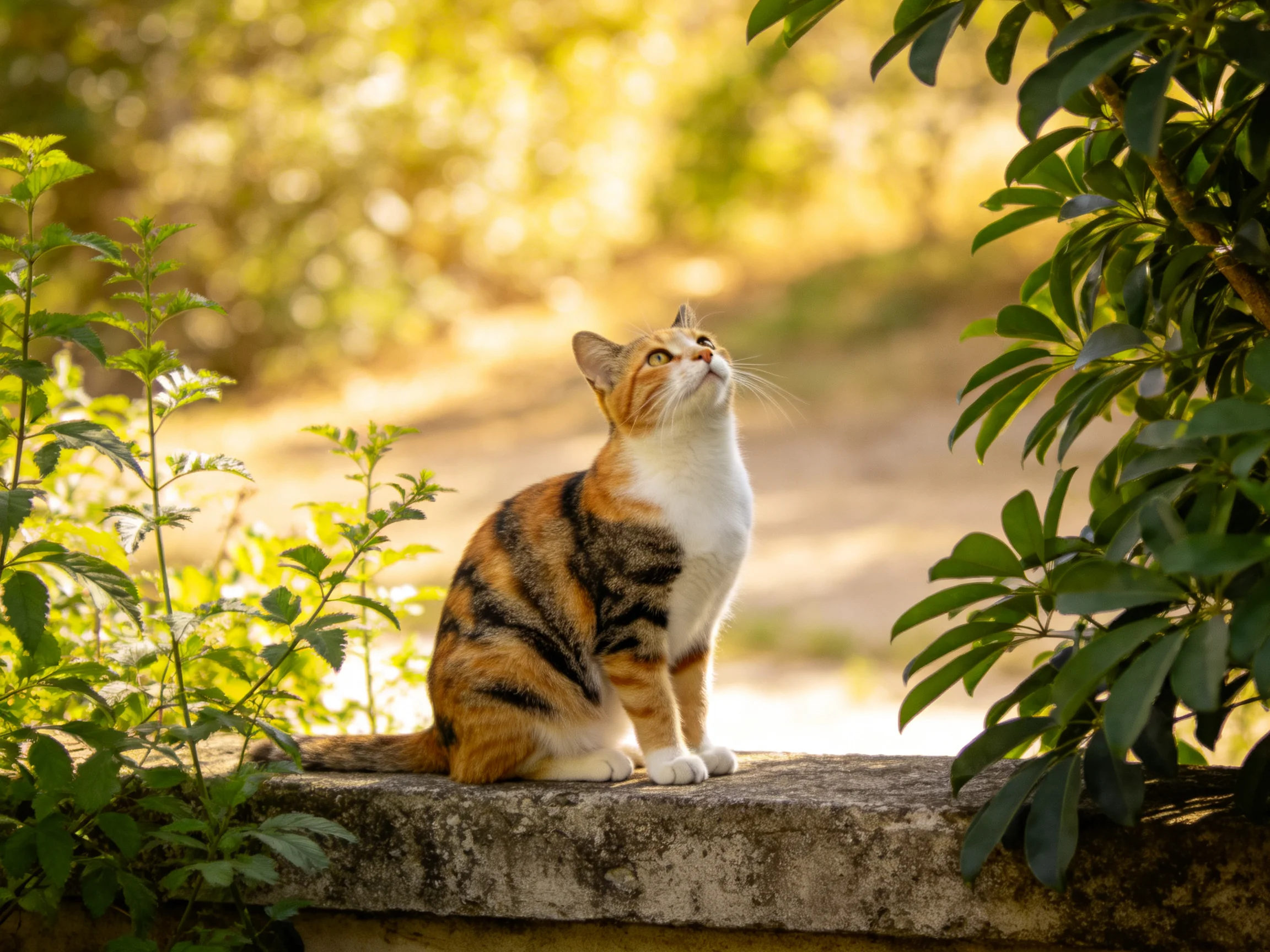 A calico cat sits on a stone ledge amid greenery under golden light