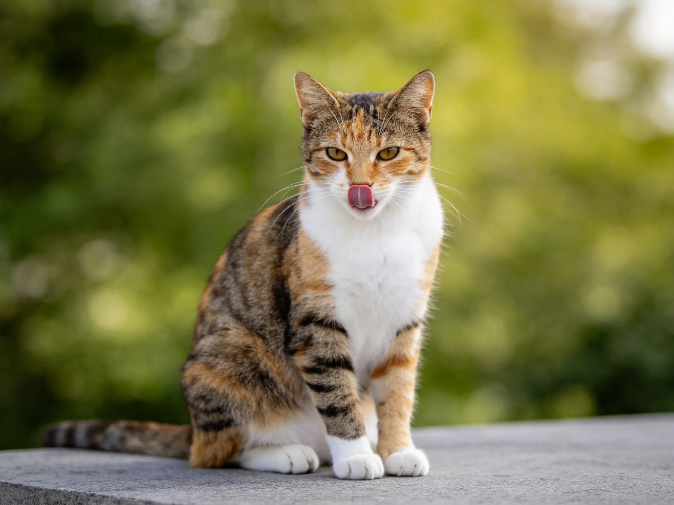 A calico cat sits on a stone ledge with green foliage behind