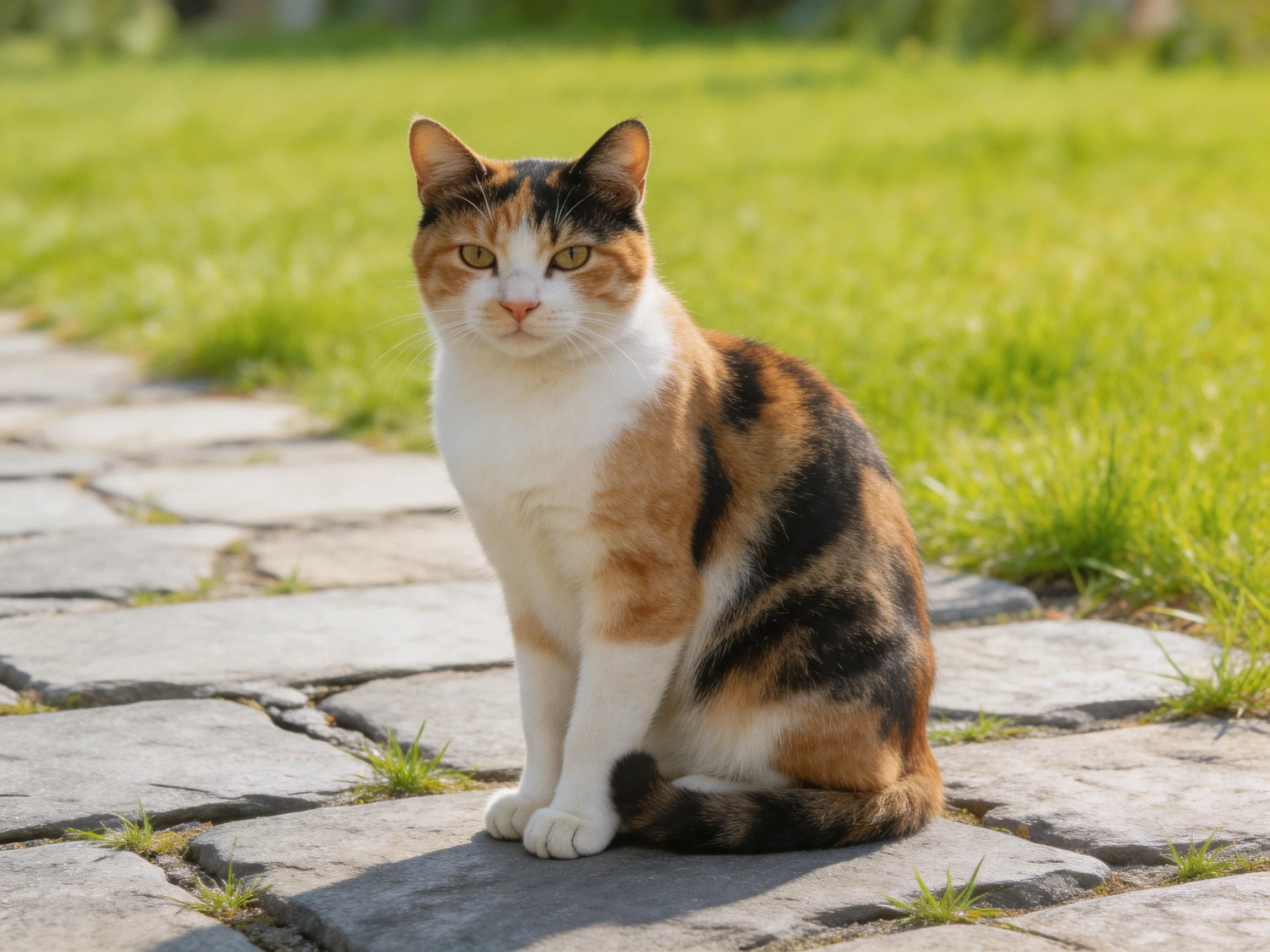 A calico cat sits calmly on a stone path in a grassy area.