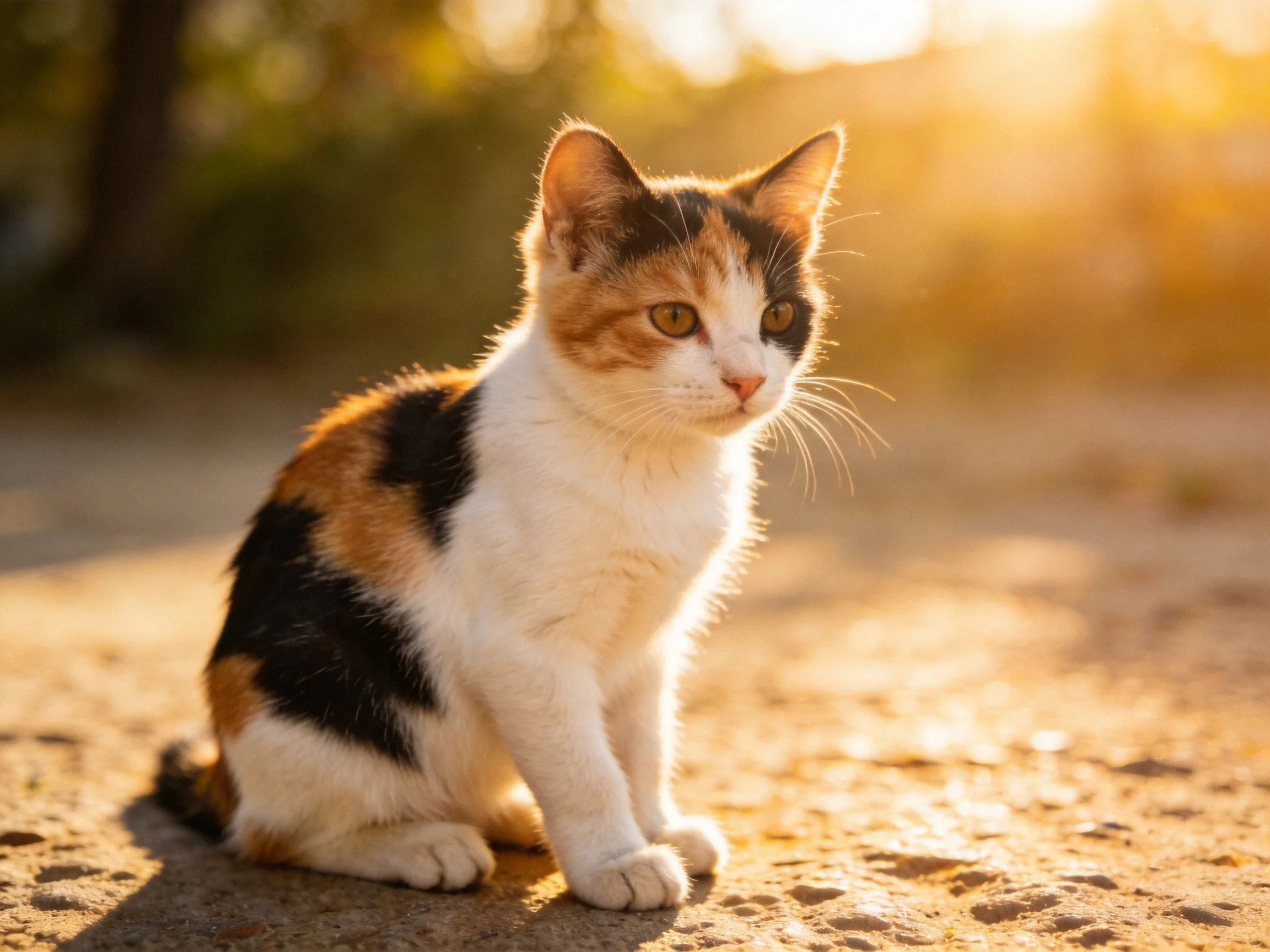 A calico cat sits calmly on a sunlit dirt path.
