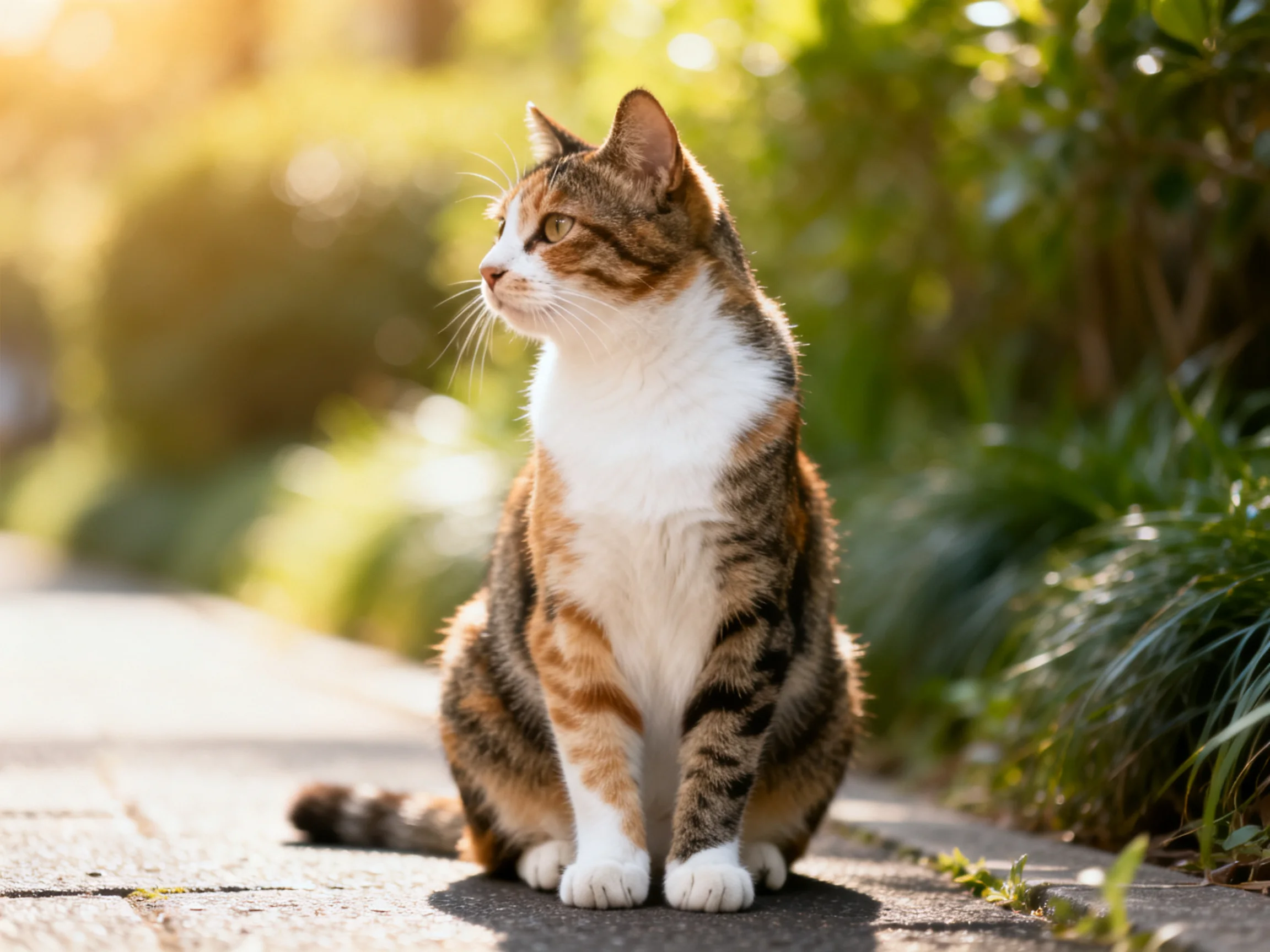 A calico cat sits on a sunlit path surrounded by greenery.
