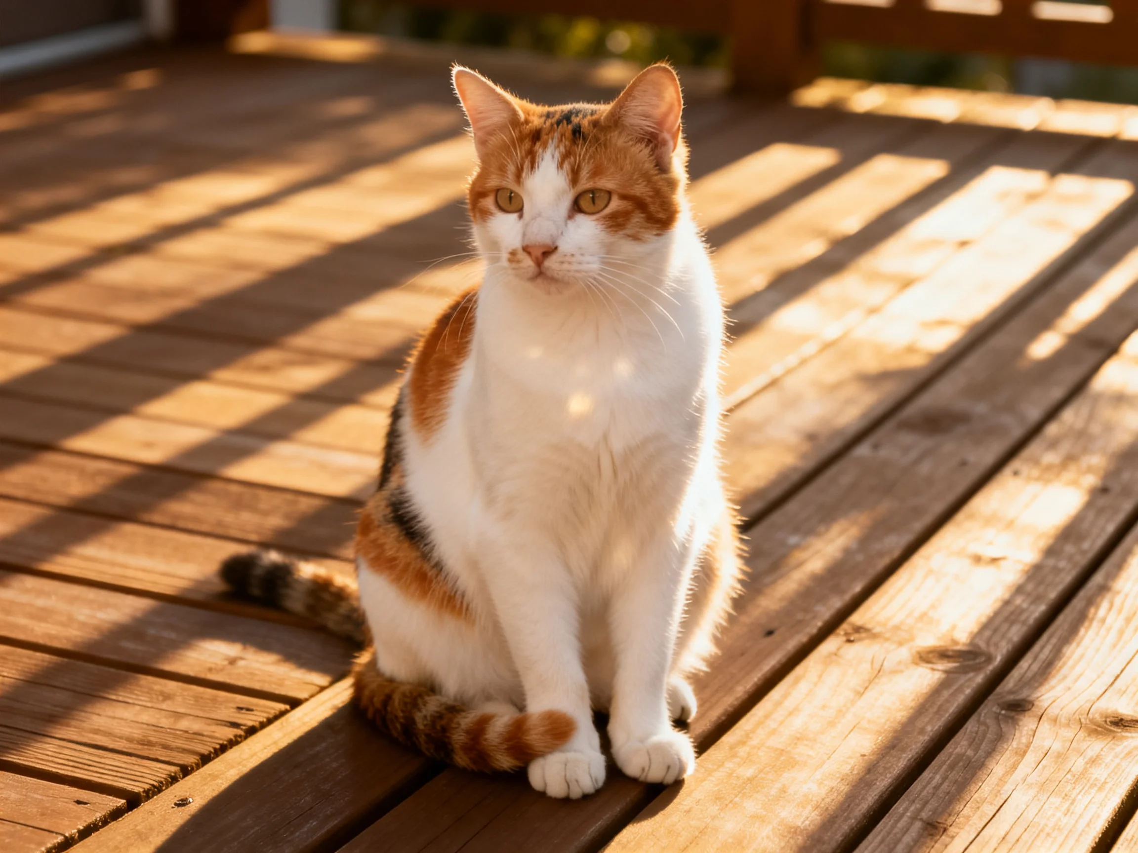 A calico cat sits calmly on a sunlit wooden deck.