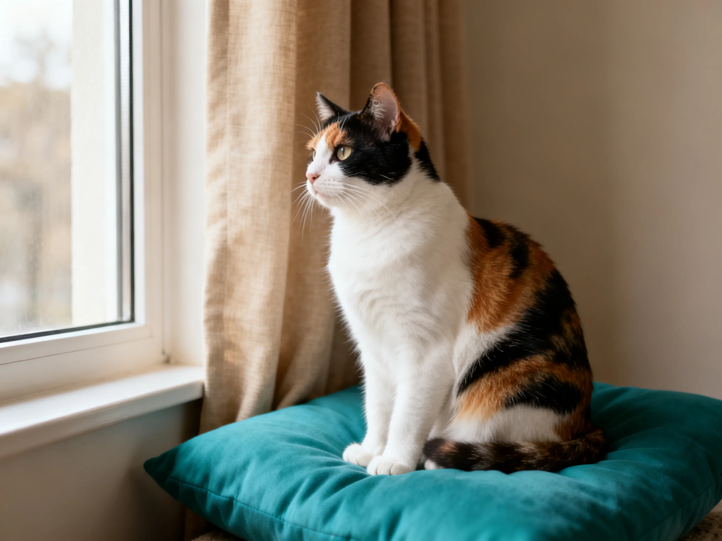 A calico cat sits on a teal cushion by a sunlit window