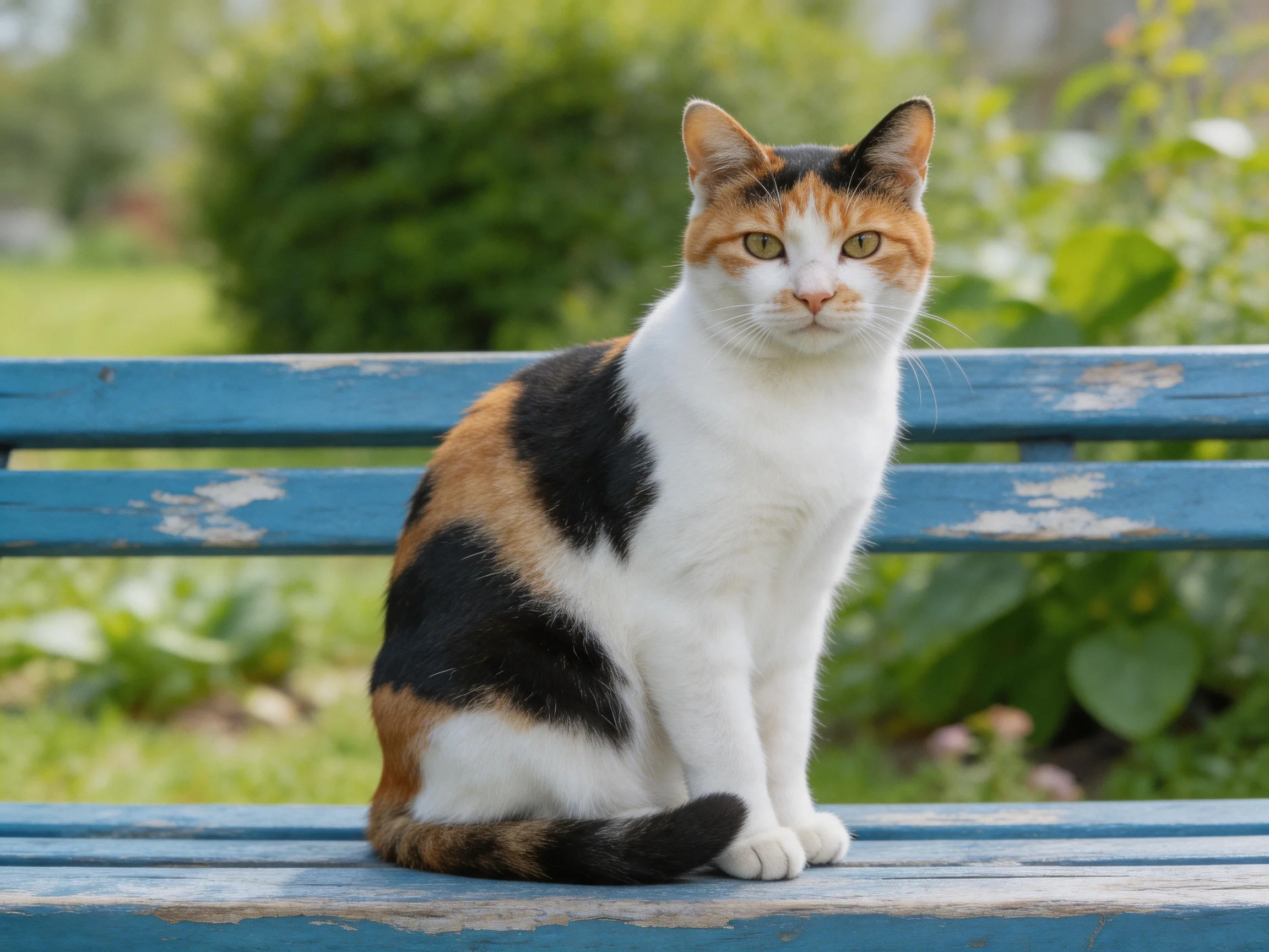 A calico cat rests on a worn blue park bench in a green garden.