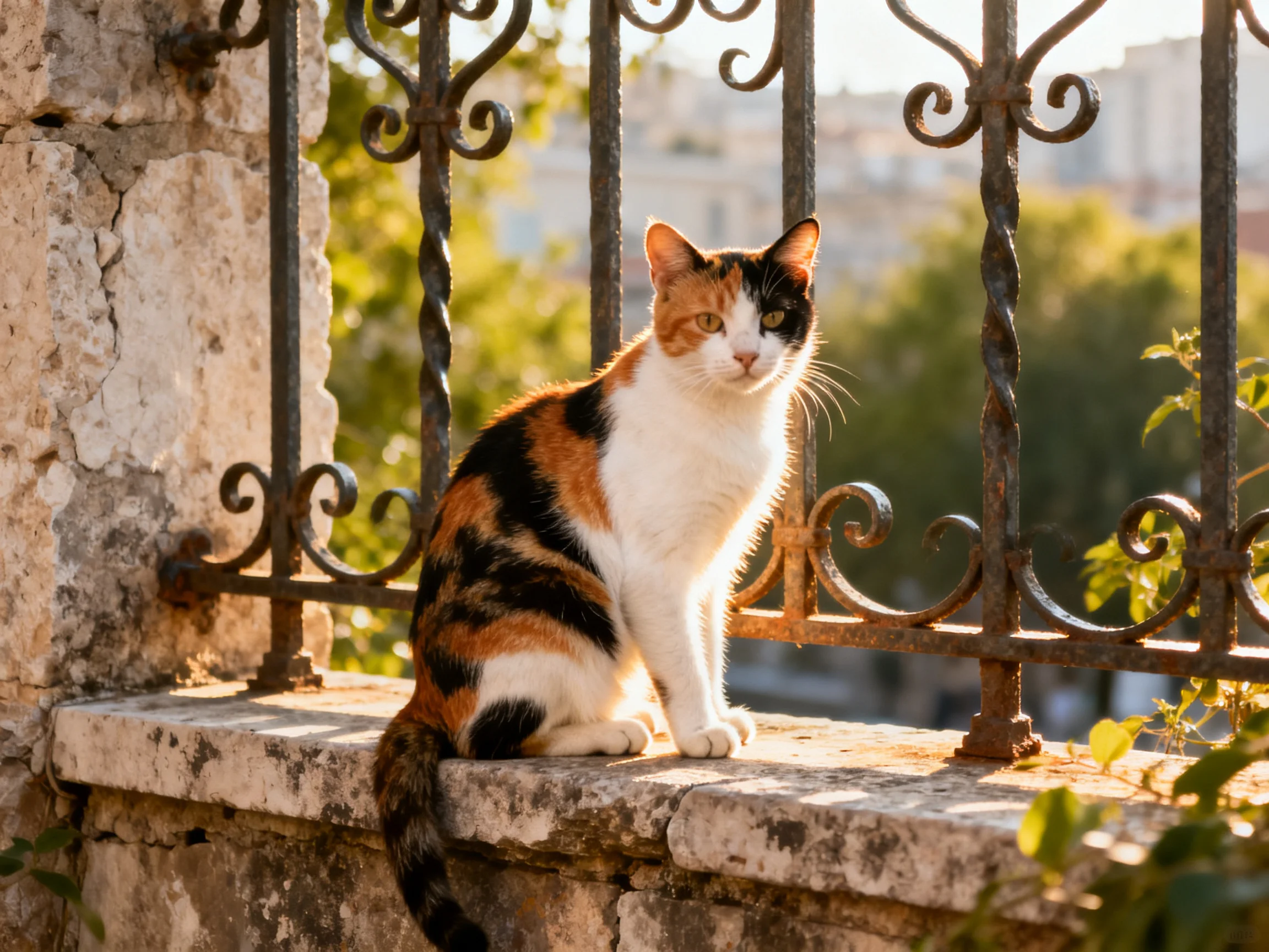 A calico cat sits on a weathered stone ledge near ornate iron fencing