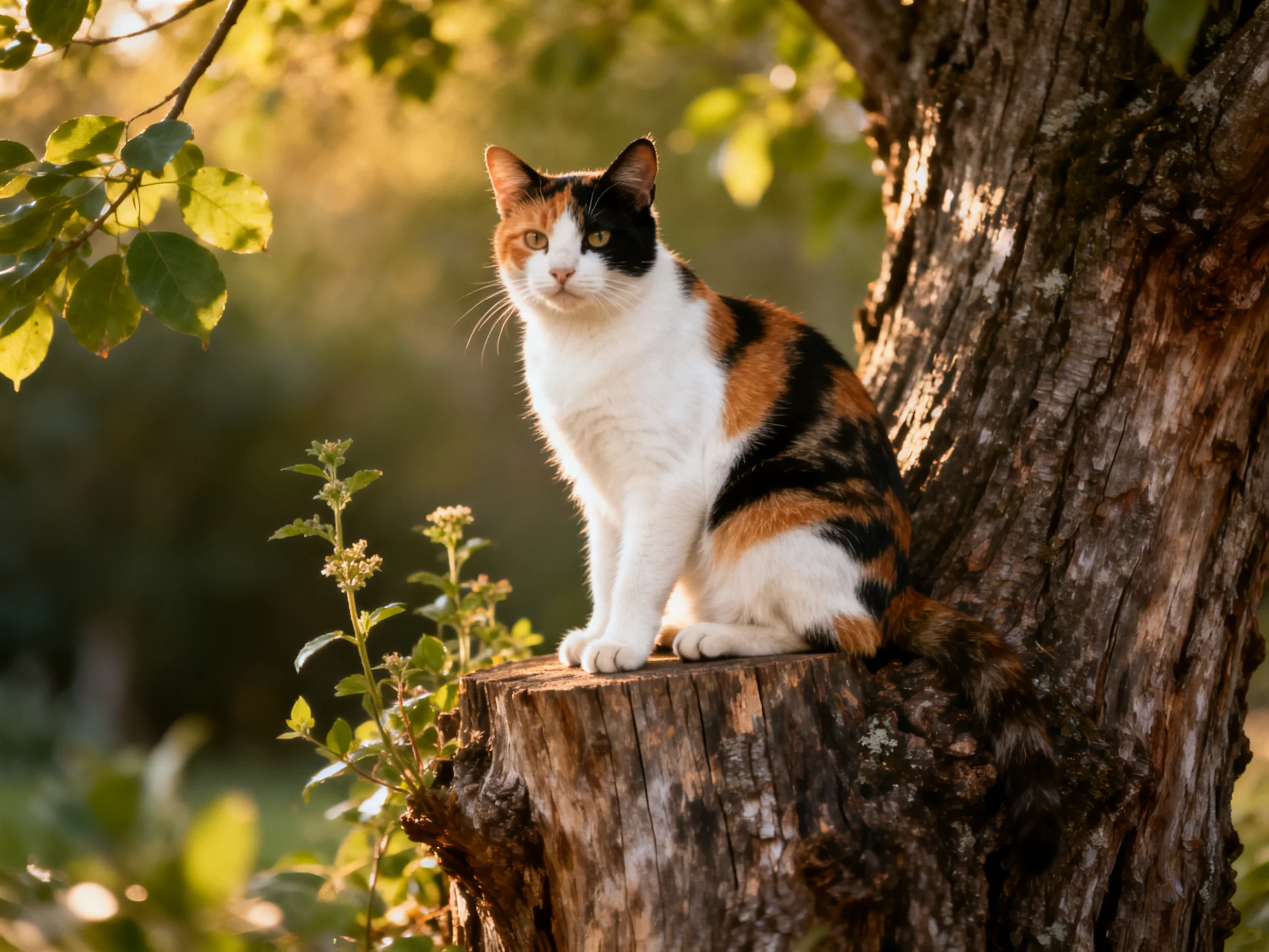 A calico cat sits on a tree stump in a sunlit outdoor space.