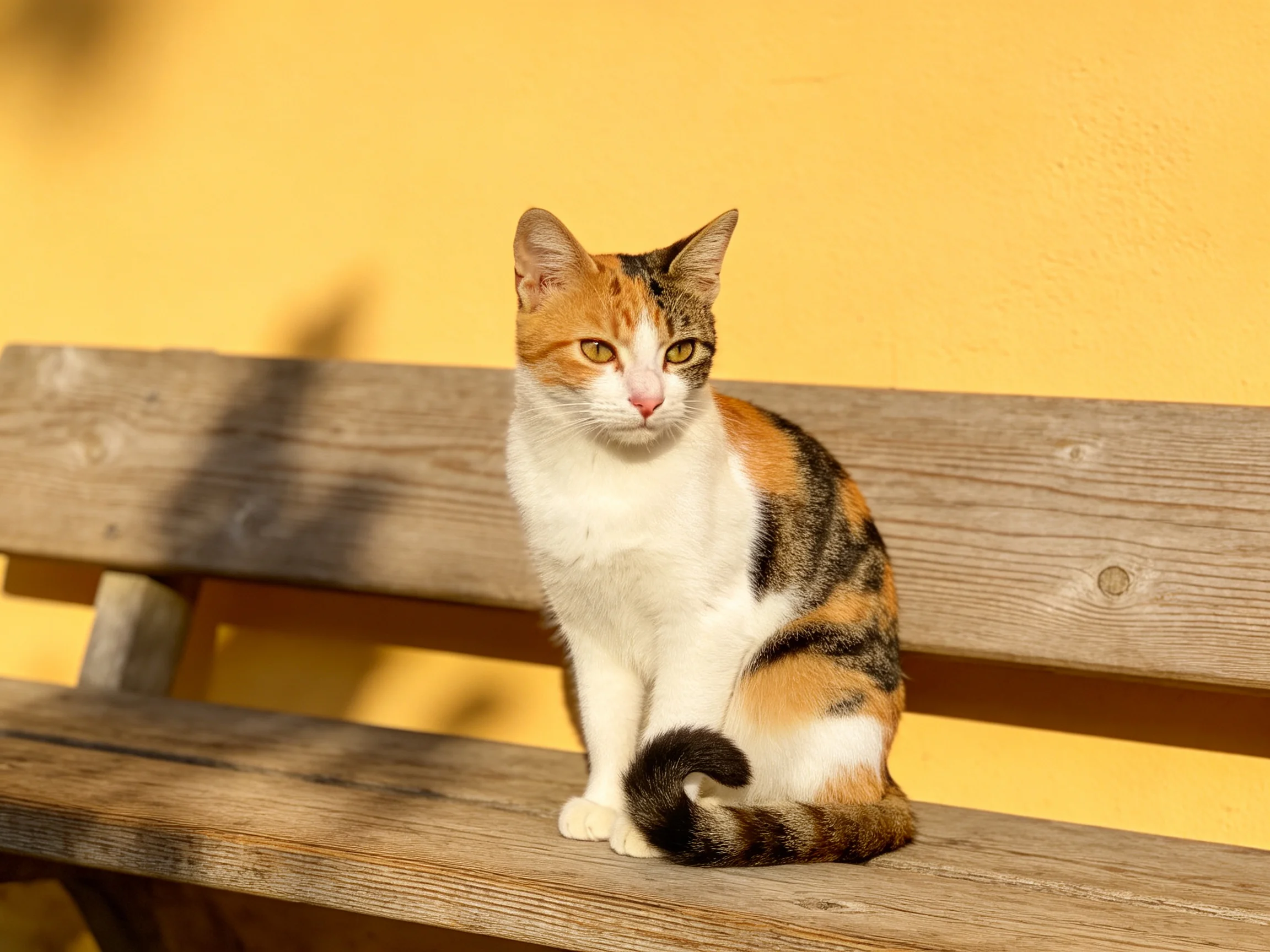 A calico cat sits on a weathered wooden bench beside a bright yellow wall