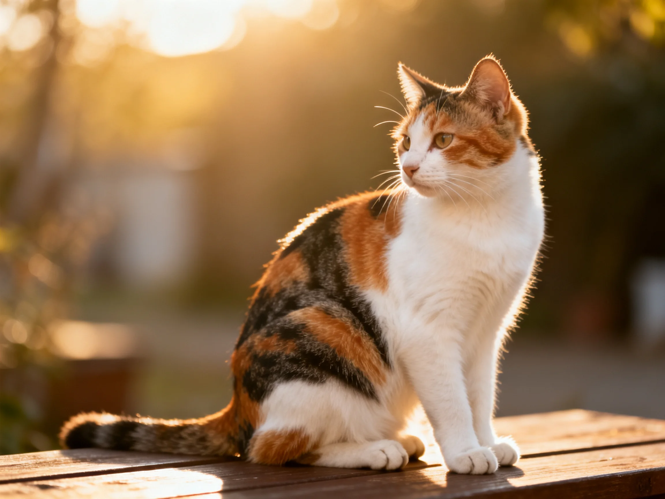 A calico cat sits on a wooden bench in a sunlit outdoor setting.