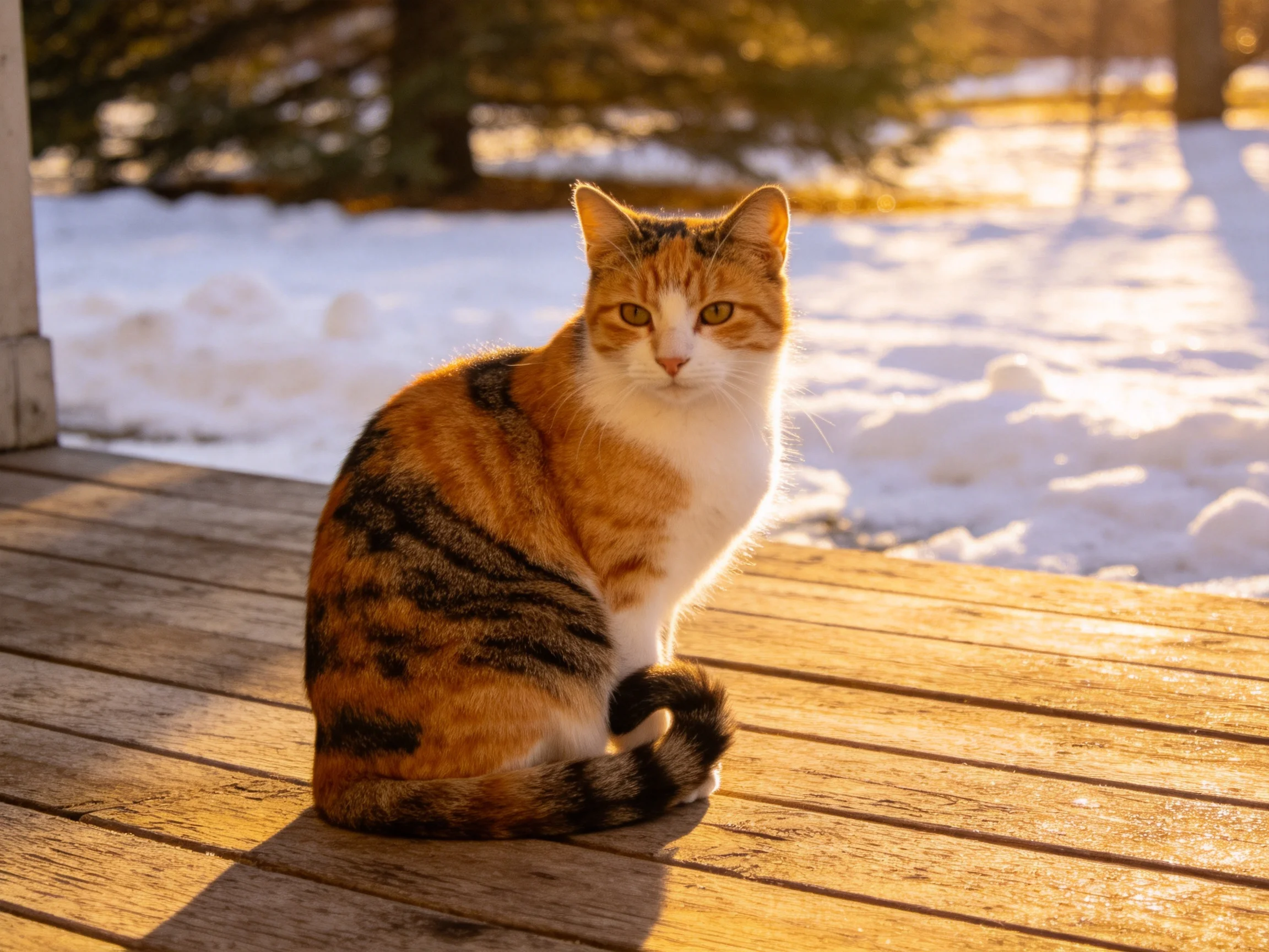 A calico cat sits on a wooden deck near snow-covered ground