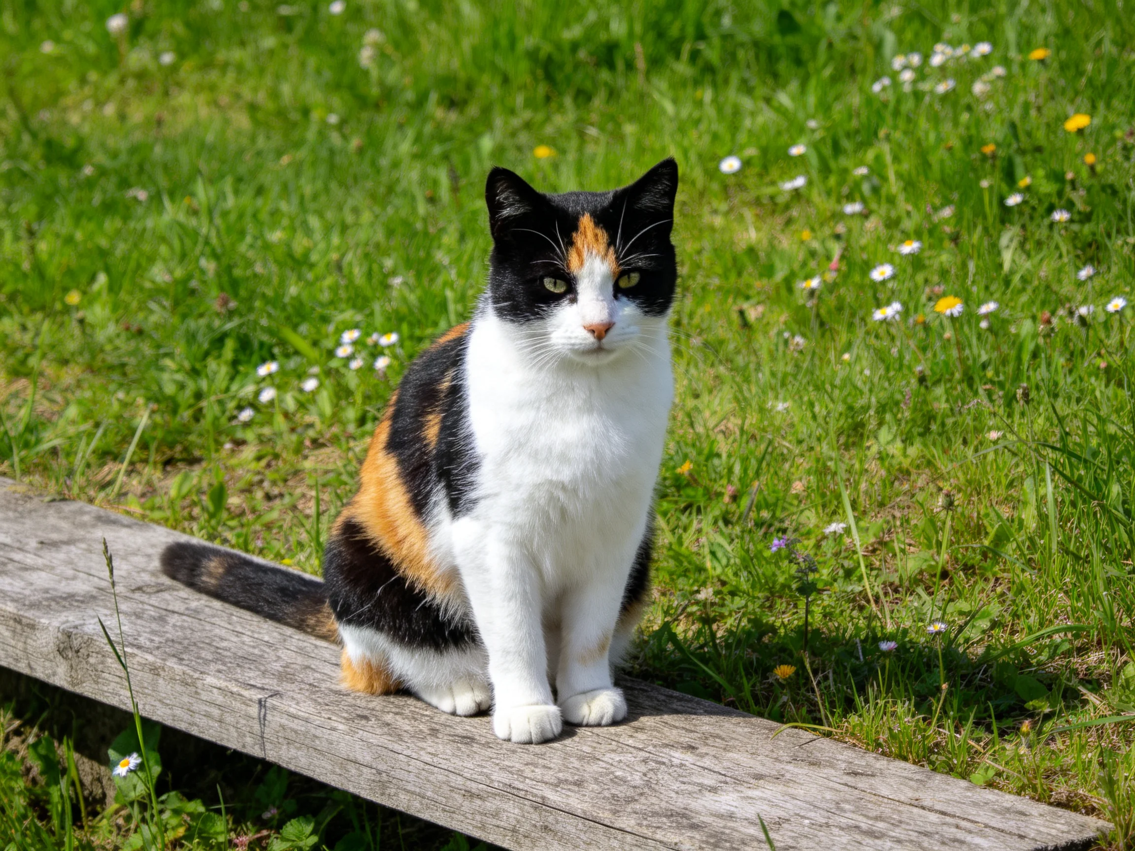 A calico cat sits on a wooden plank in a grassy area with flowers