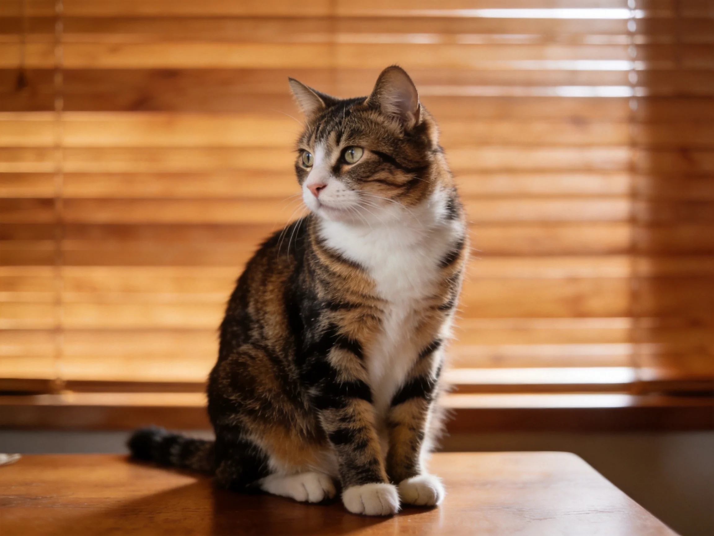 A calico cat sits on a wooden surface near striped window blinds