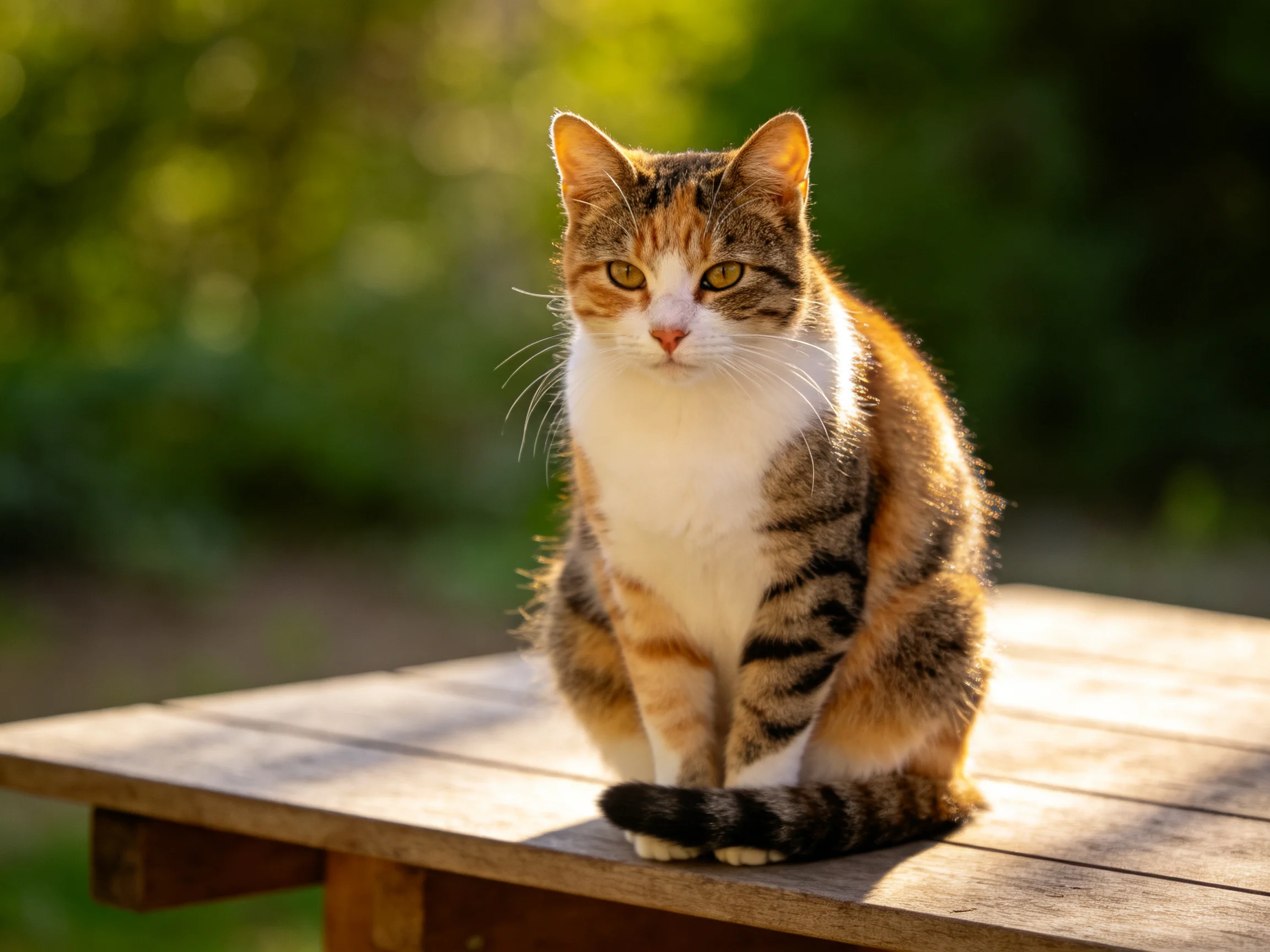 A calico cat sits on a wooden table in a sun-drenched garden