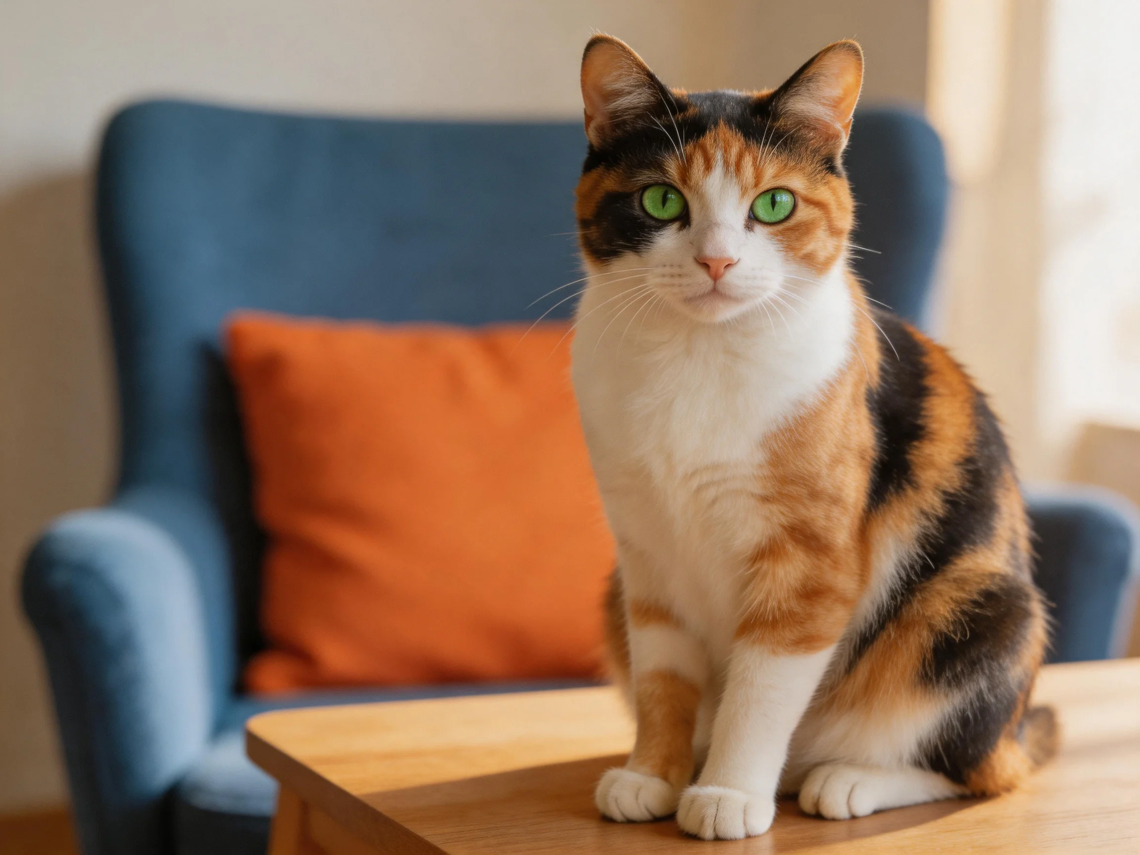 A calico cat sits on a wooden table beside a blue chair with an orange cushion.