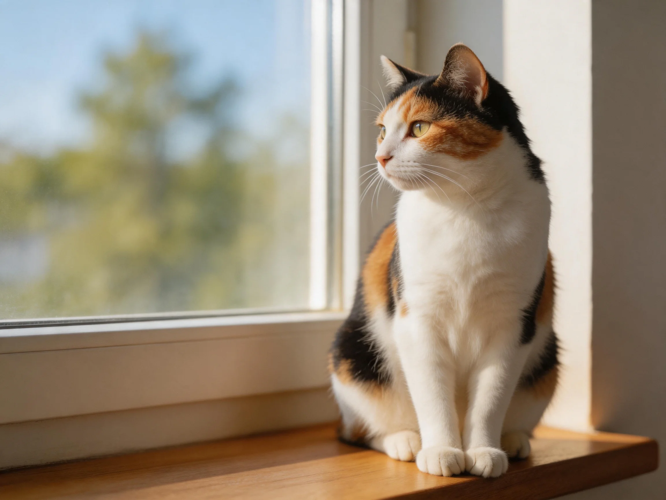 A calico cat sits on a wooden windowsill next to a bright open window