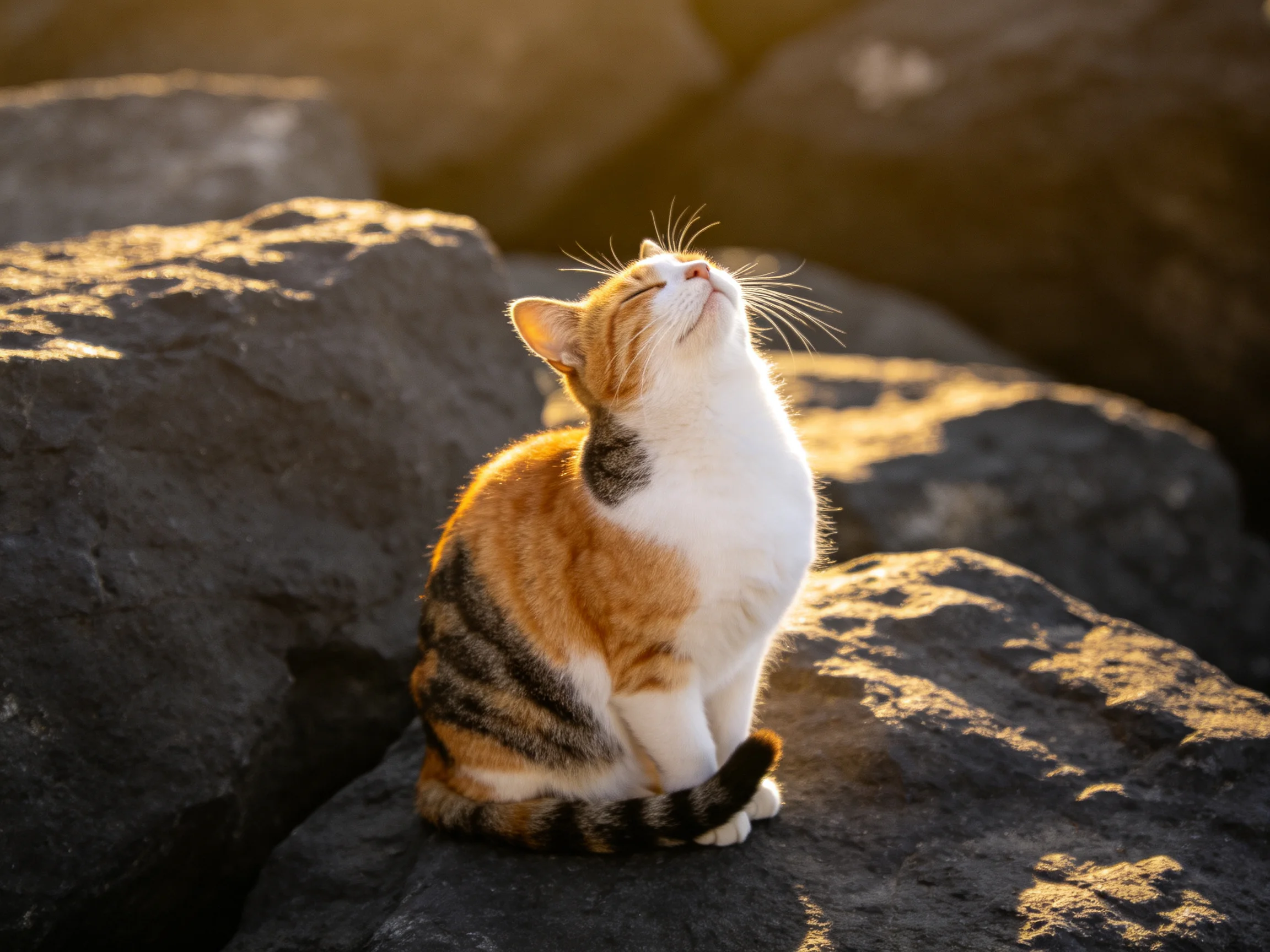A calico cat sits on rocks in sunlight.