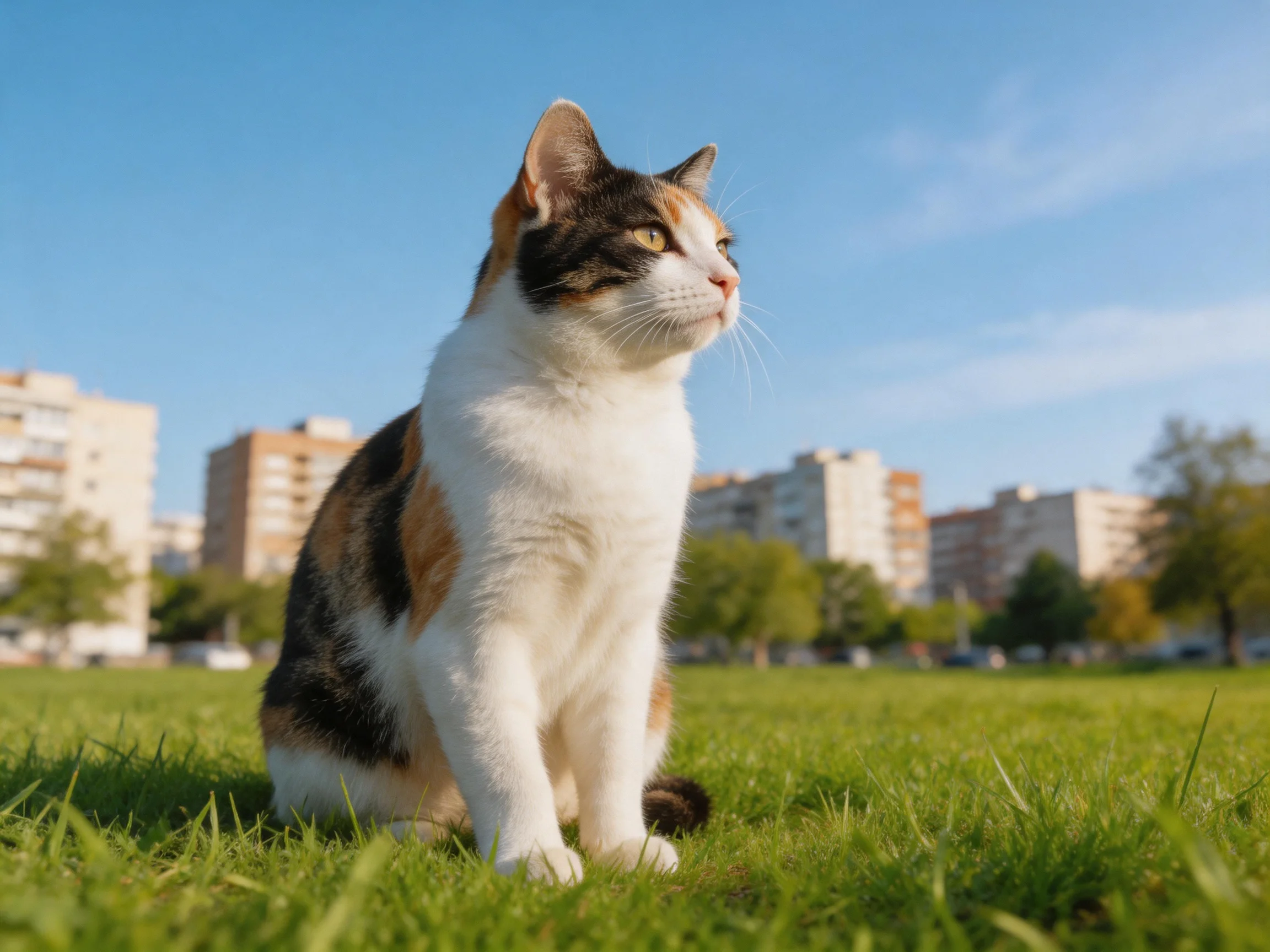 A calico cat rests on grass in an urban park setting.