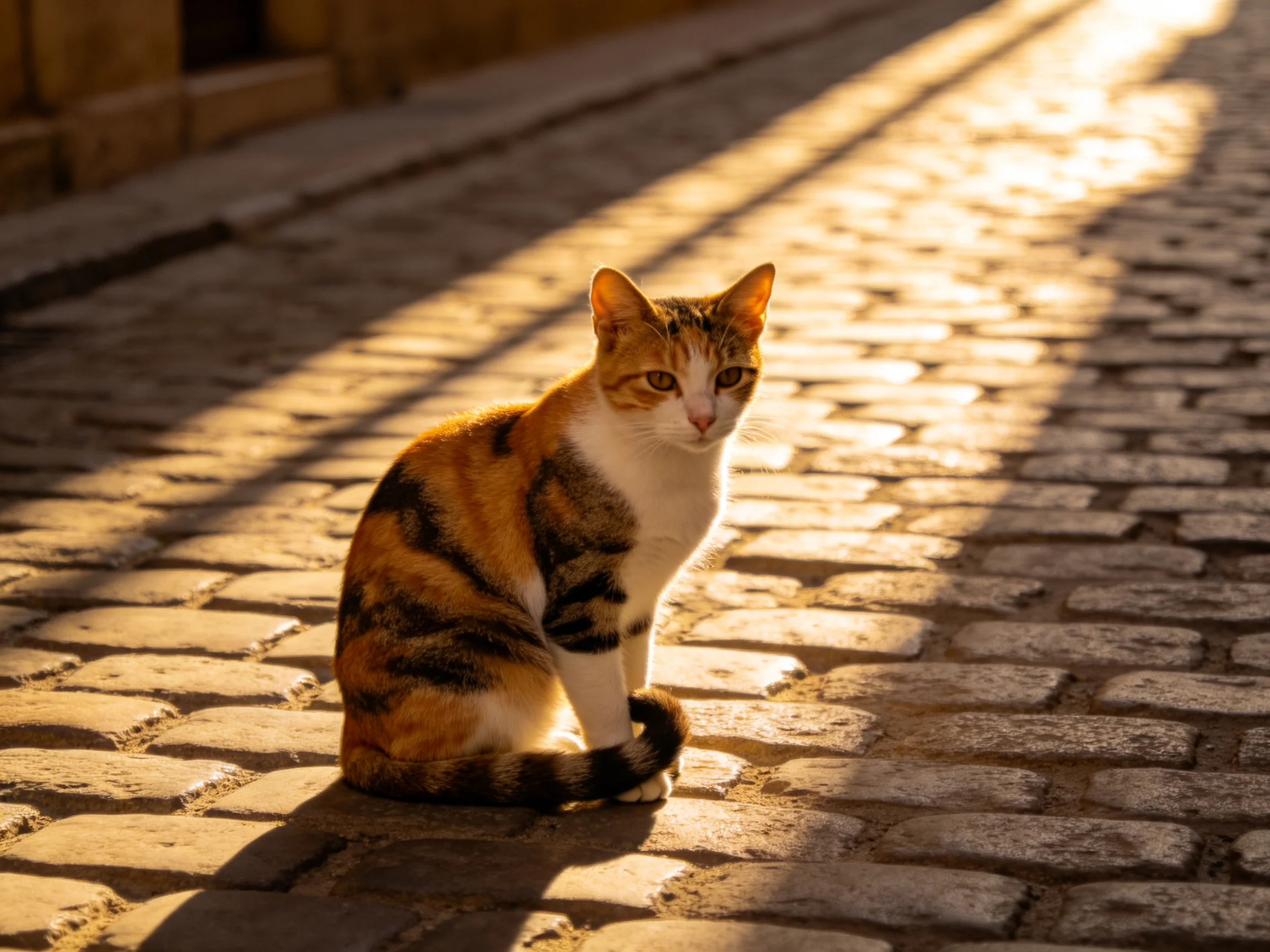 A calico cat sits on sunlit cobblestone pavement with golden shadows