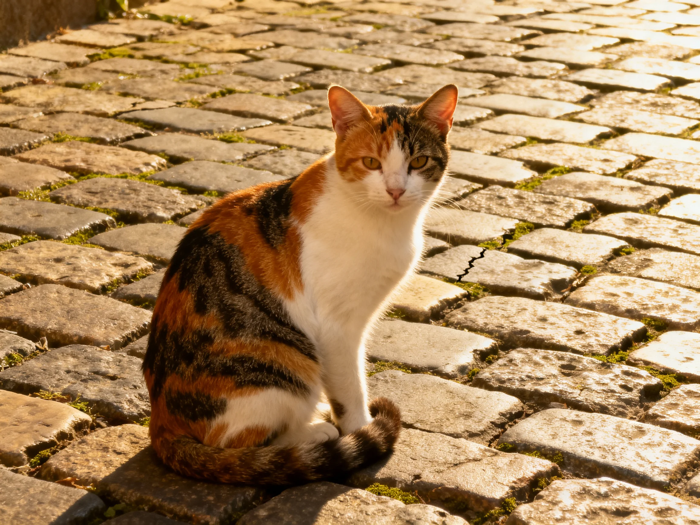 A calico cat sits on weathered cobblestone pavement with moss