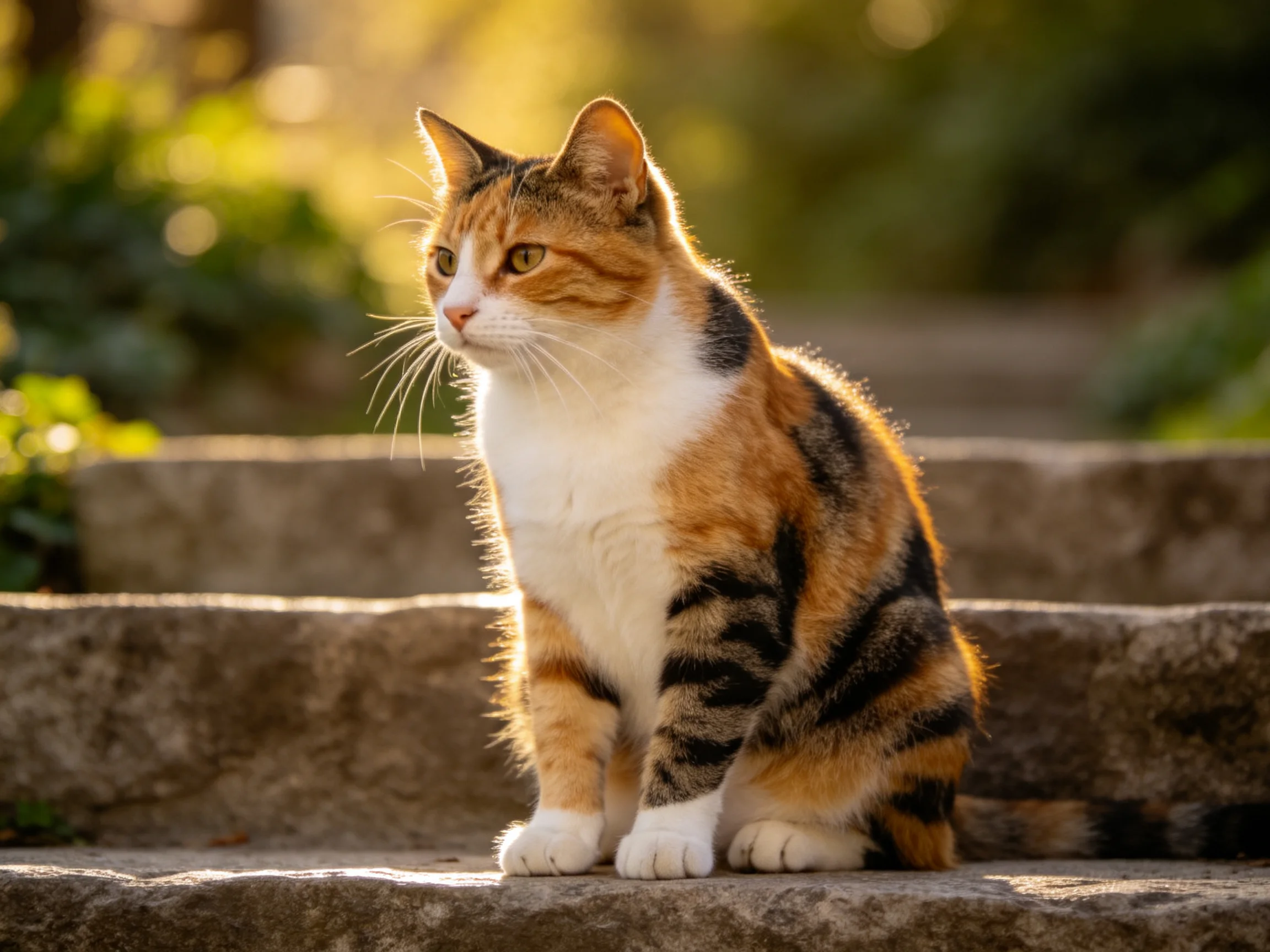 A calico cat sits on weathered stone steps in golden sunlight